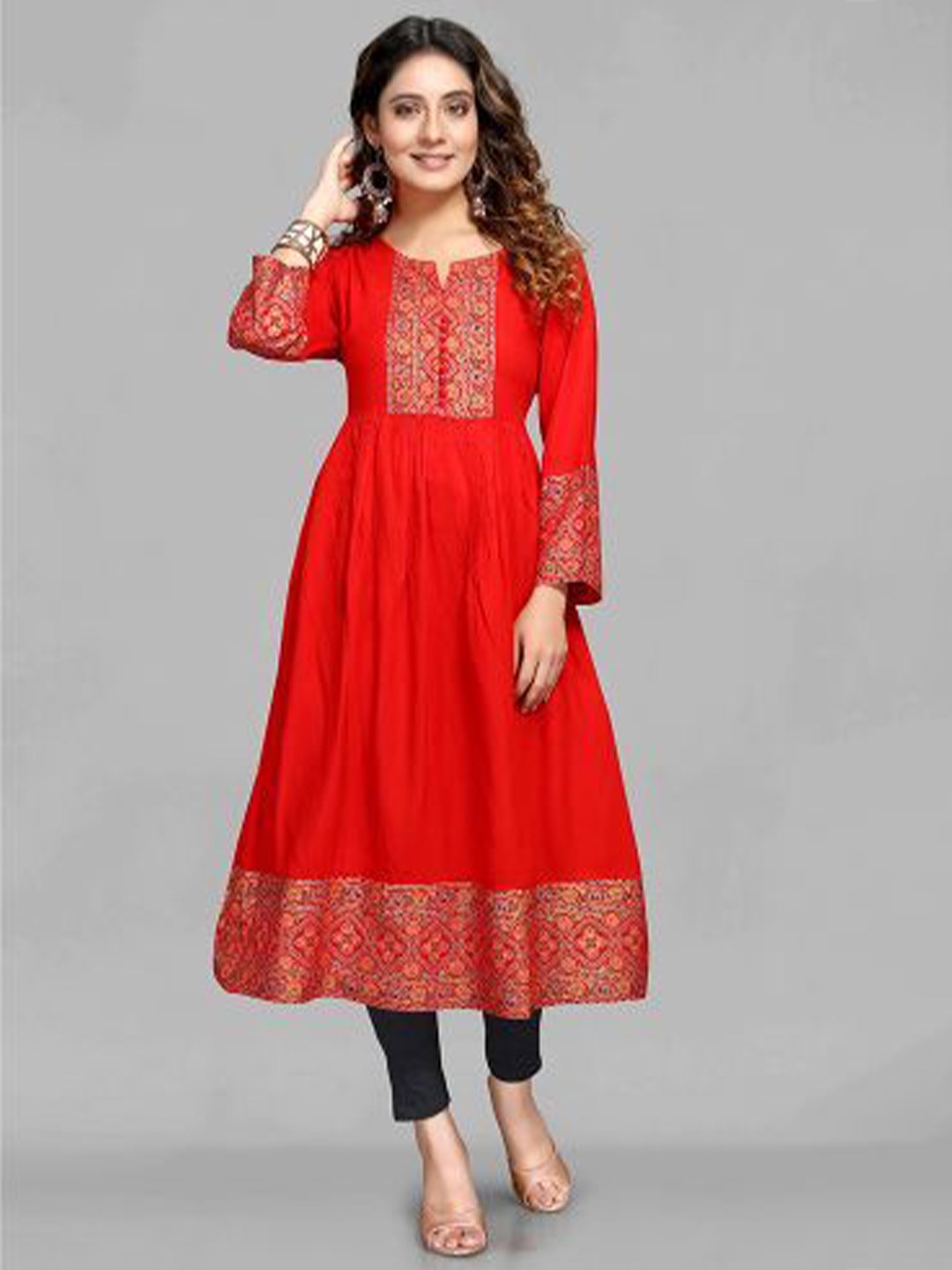 

Krimmple Women Woven Design Round Neck Anarkali Kurta, Red