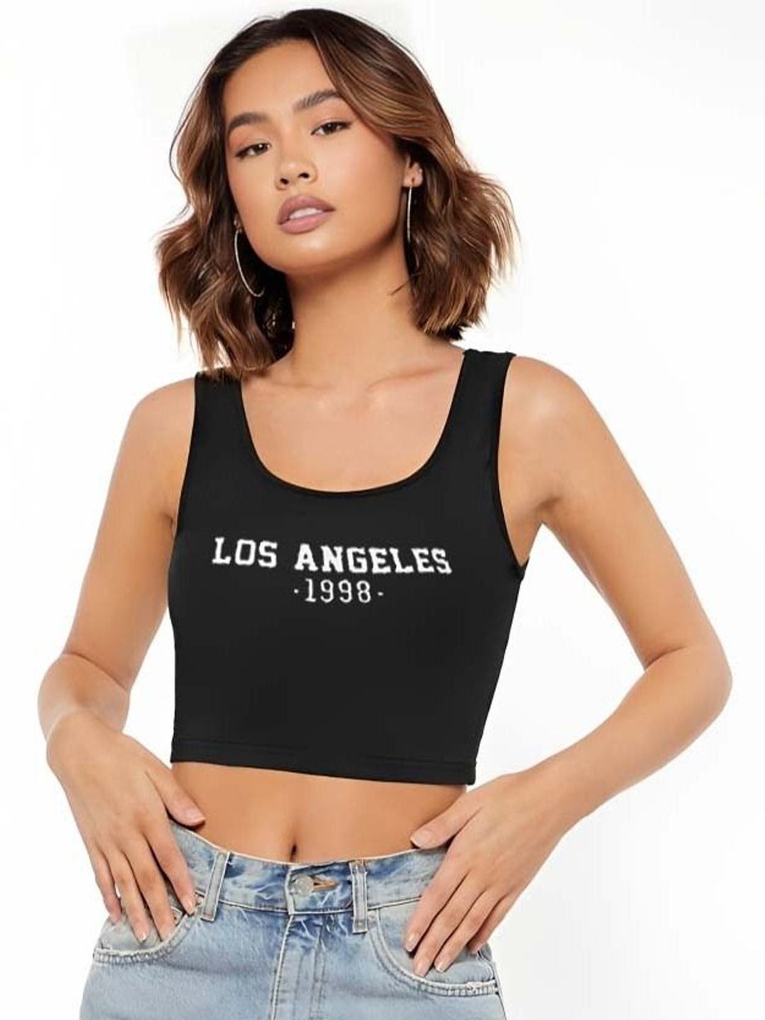 

sollobell Print Cotton Tank Crop Top, Black