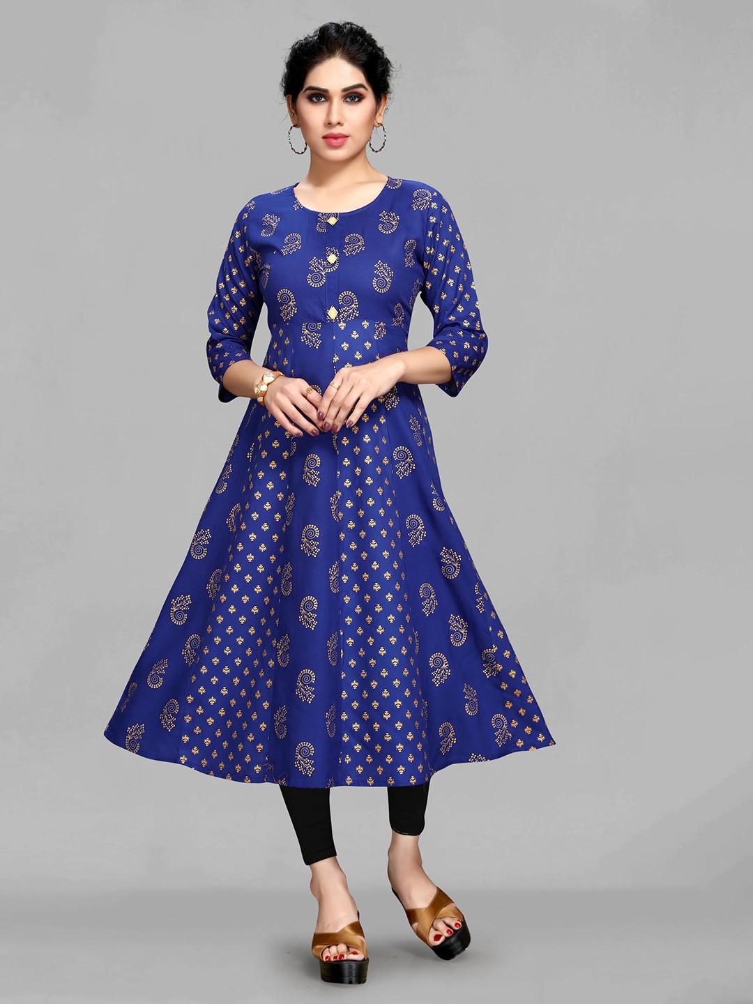 

Krimmple Foil Printed Round Neck Anarkali Kurta, Navy blue