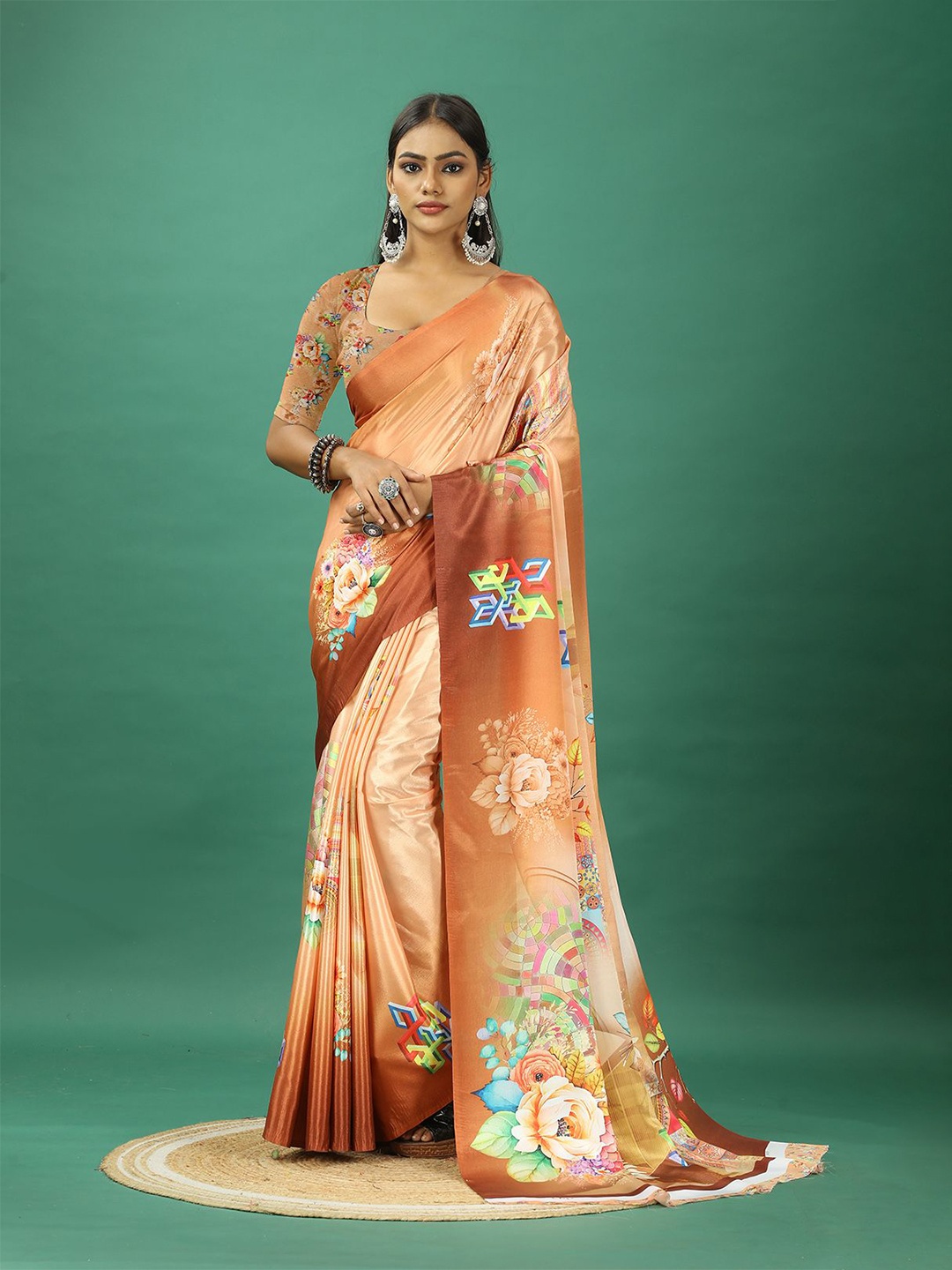 

A.V.M. SILK MILLS Floral Printed Pure Crepe Saree, Orange