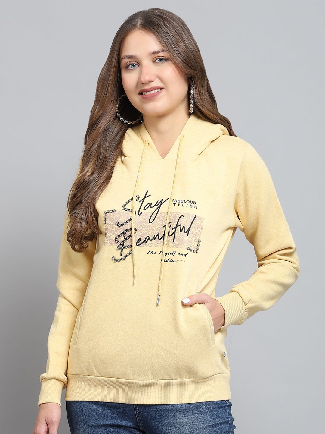 

Monte Carlo Women Typography Printed Cotton Sweatshirt, Yellow