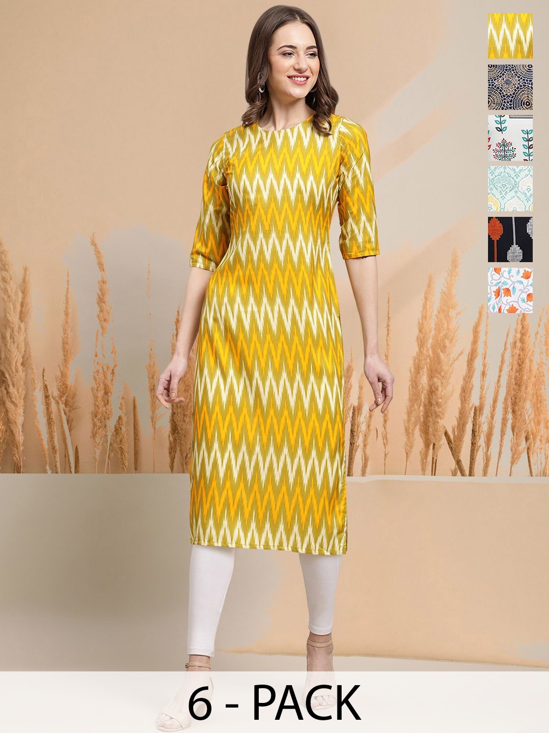 

7Threads Selection of 6 Chevron Printed Round Neck Straight Kurtas, Yellow