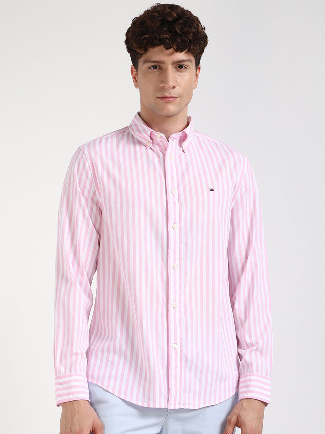 

Tommy Hilfiger Men Button-Down Collar Vertical Striped Cotton Casual Shirt, Pink