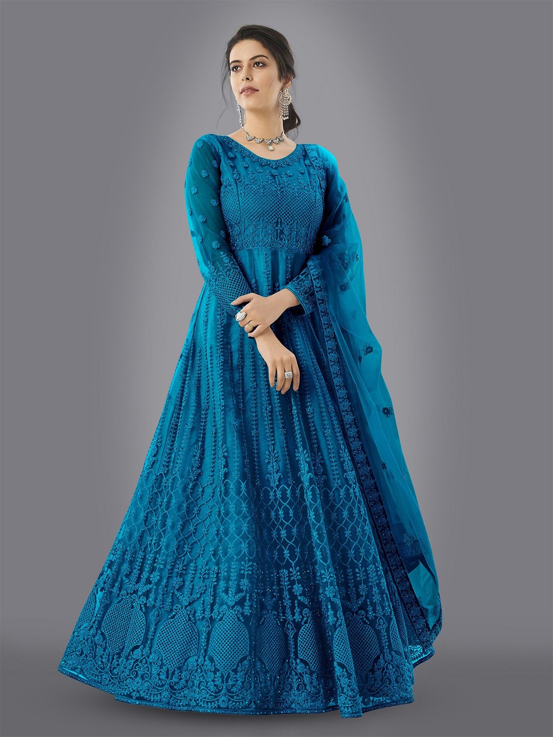 

A TO Z CART Embroidered Net Ethnic Dress With Dupatta, Teal