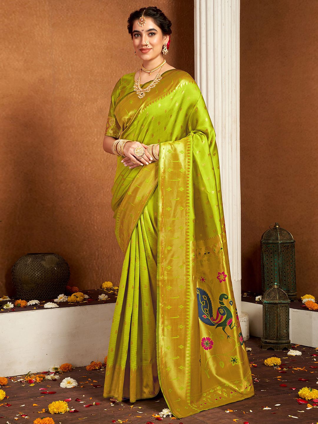 

KALINI Ethnic Motifs Woven Design Zari Paithani Saree, Olive