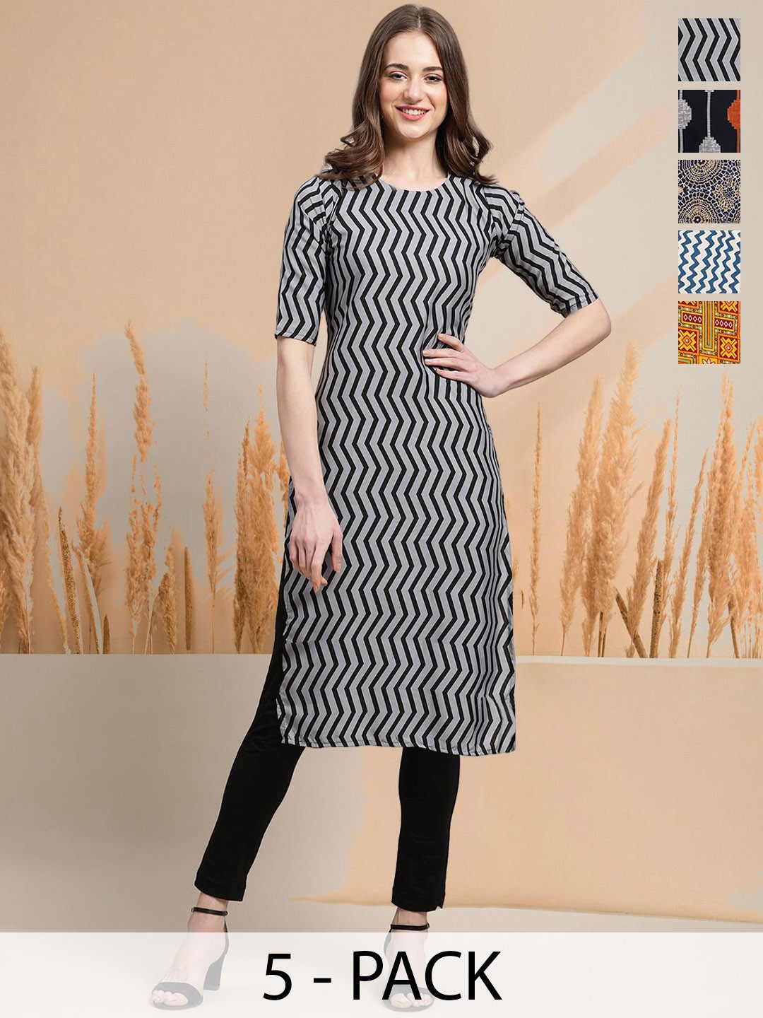 

7Threads Selection Of 5 Chevron Printed Round Neck Straight Kurtas, Grey