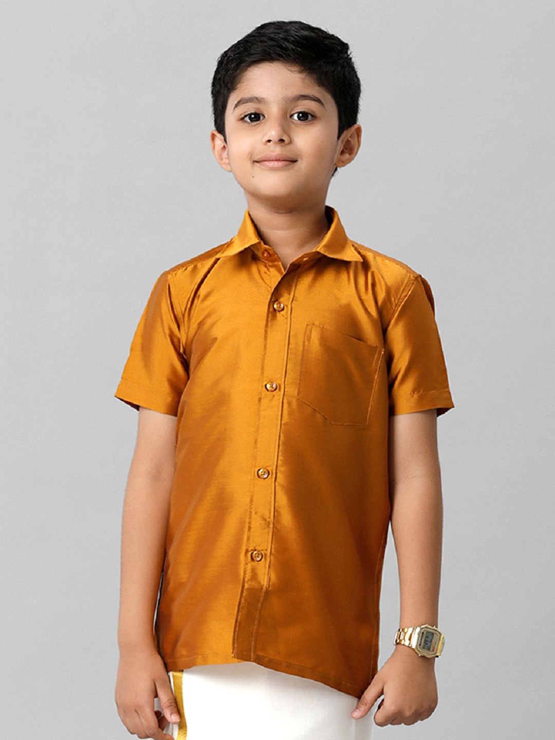 

Ramraj Boys Solid Short Sleeve Shirt With Chest Pocket, Mustard