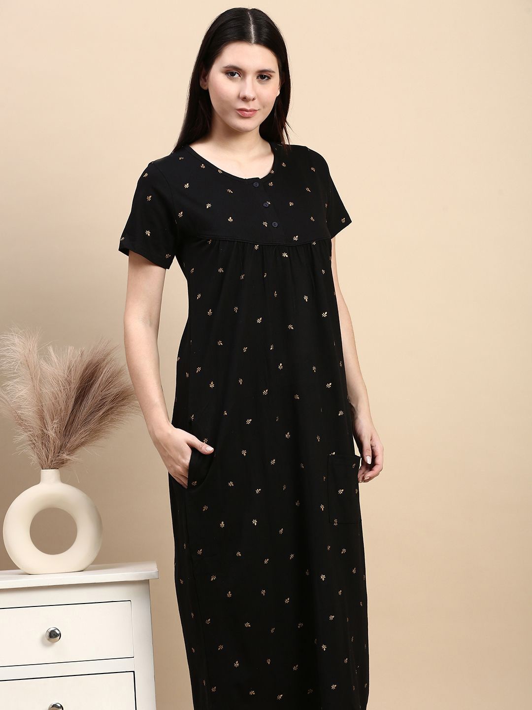 

Kryptic Women Printed Cotton Maxi Nightdress, Black