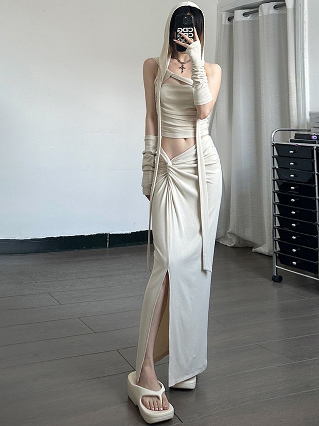 

LULU & SKY A-Line Maxi Front Slit Skirt, Beige