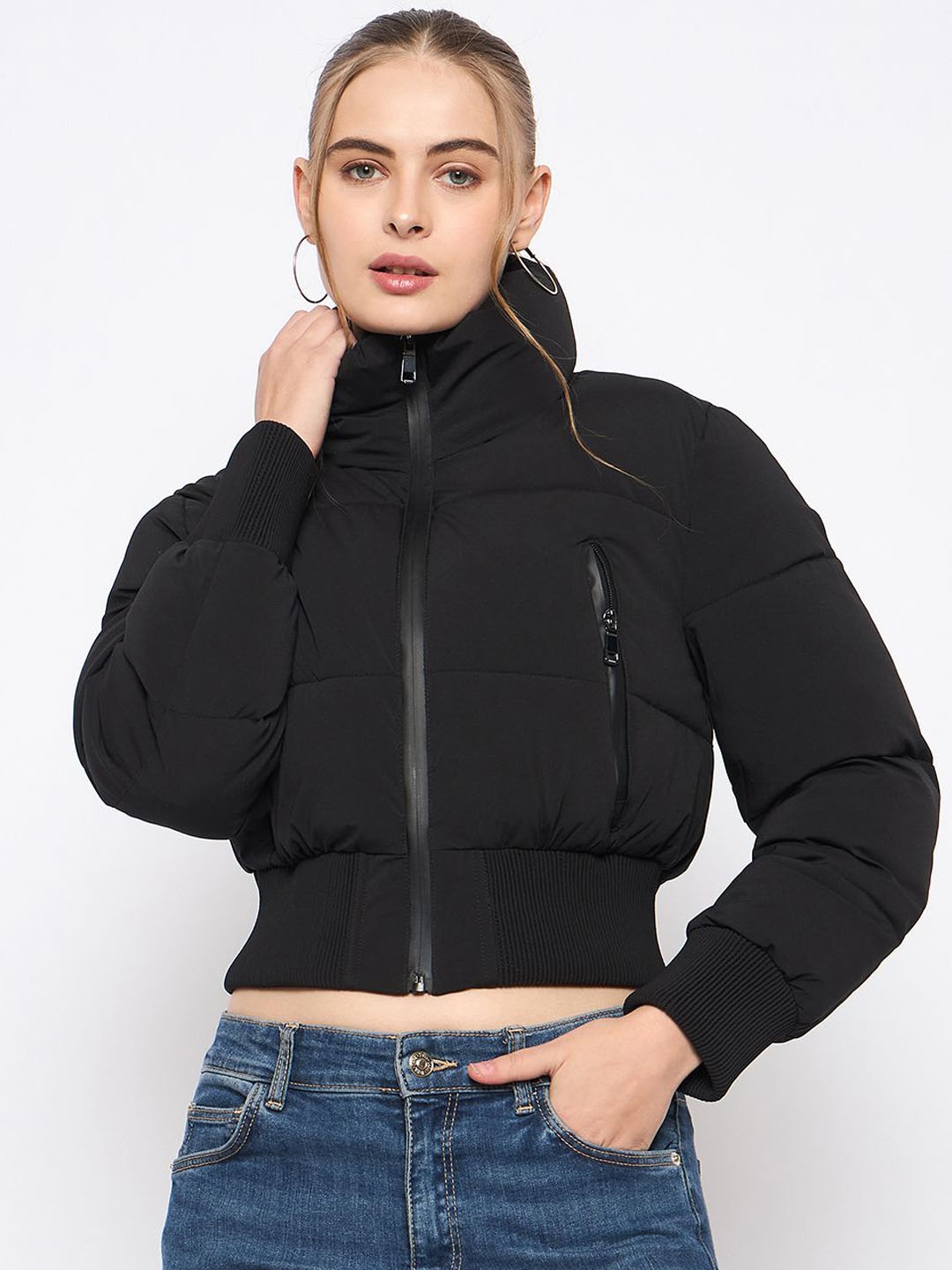 

Madame Women Solid Long Sleeves Crop Puffer Jacket, Black