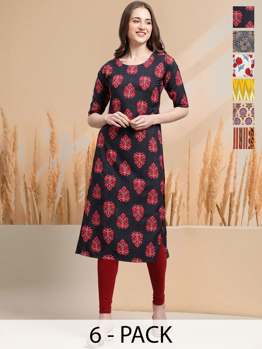 

7Threads Selection Of 6 Floral Printed Round Neck Straight Kurtas, Red