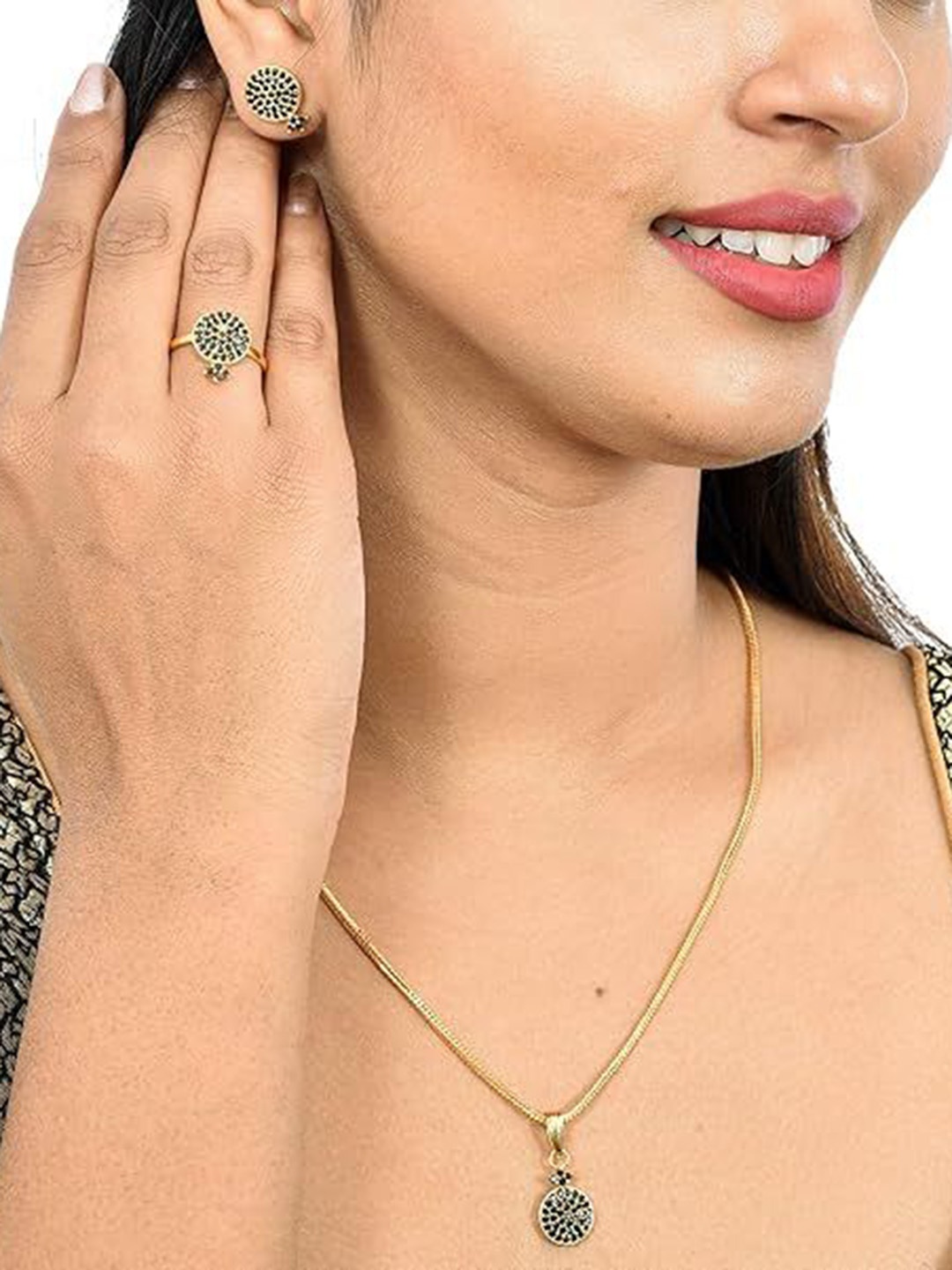 

Kezlin Gold-Plated American Diamond-Studded Pendant & Earrings With Finger Ring