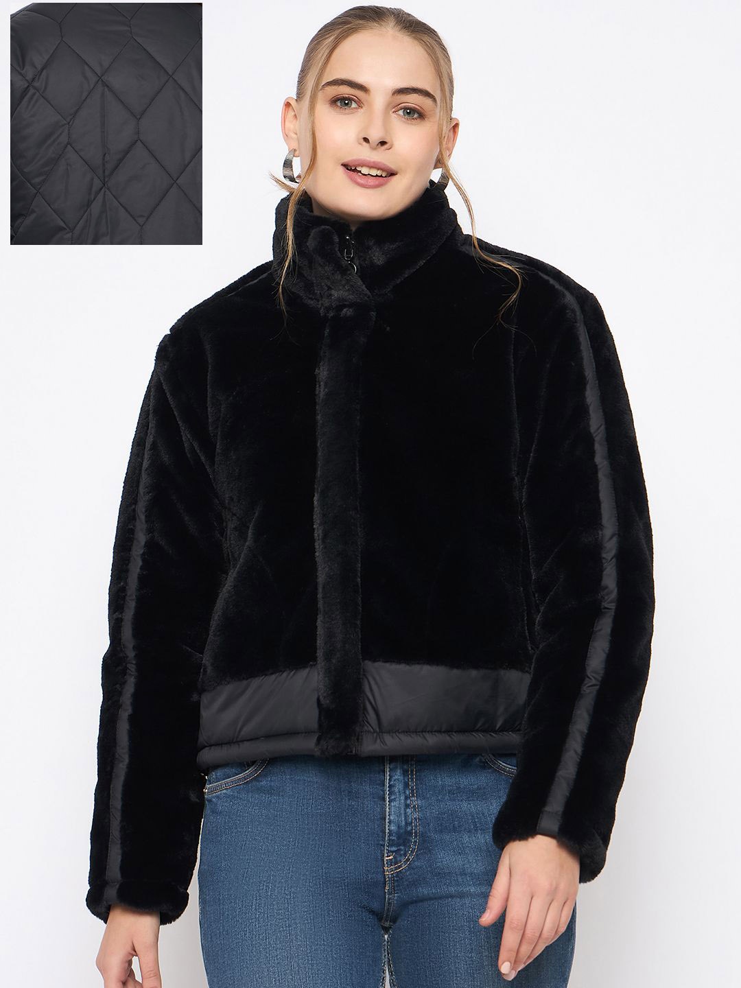 

Madame Women Solid Mock Collar Reversible Parka Jacket, Black