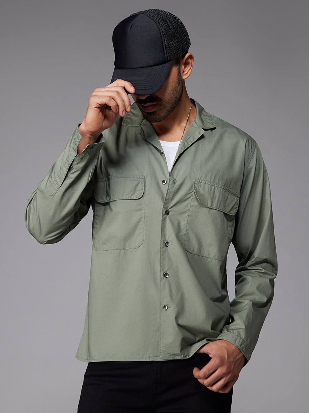 

Bombay Shirt Company Men Relaxed Fit Cuban Collar Solid Cotton Casual Shirt, Olive