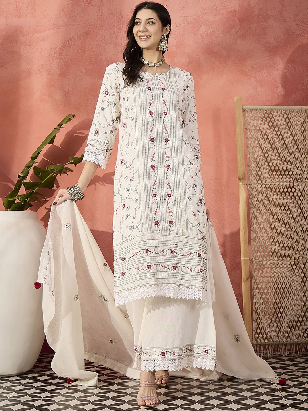 

Sangria Embroidered Pure Cotton Straight Kurta & Palazzos With Dupatta, White