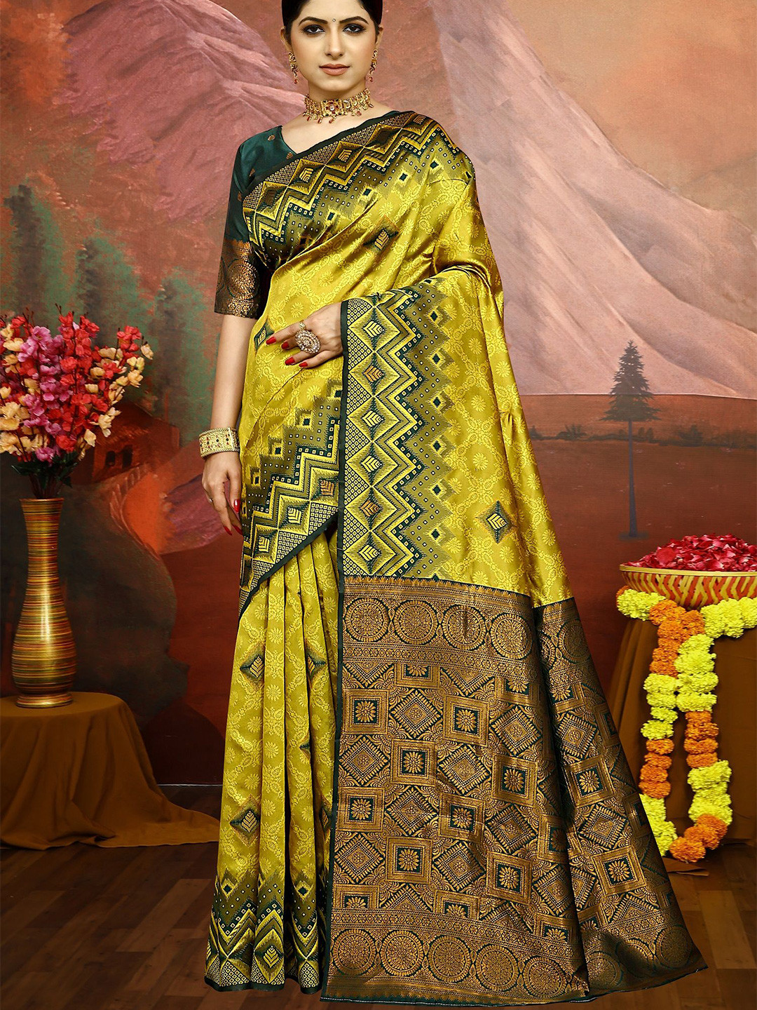 

A TO Z CART Woven Design Pure Silk Banarasi Saree, Yellow