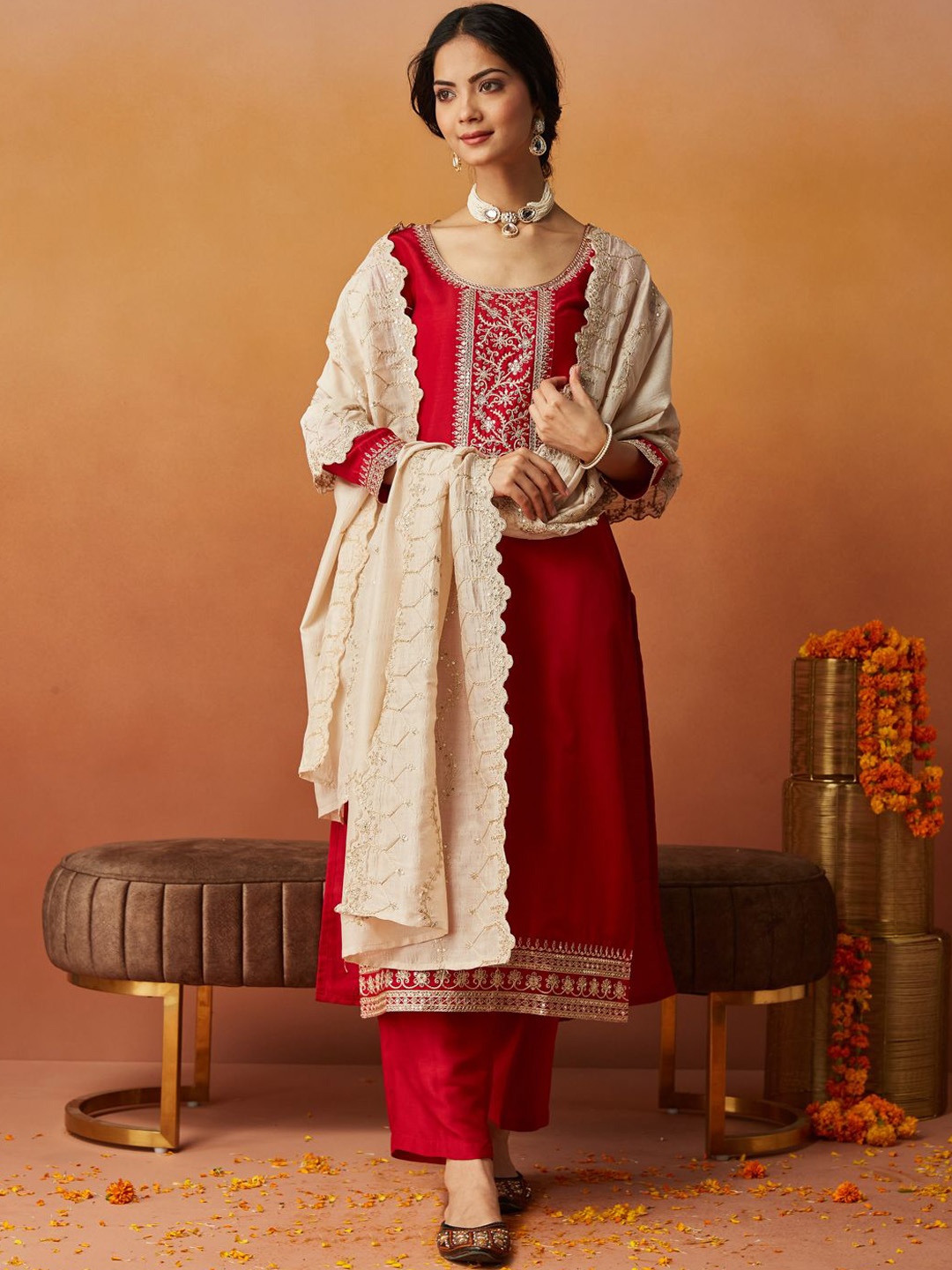 

MOKOSH Floral Embroidered Straight Kurta With Trousers And Dupatta, Red