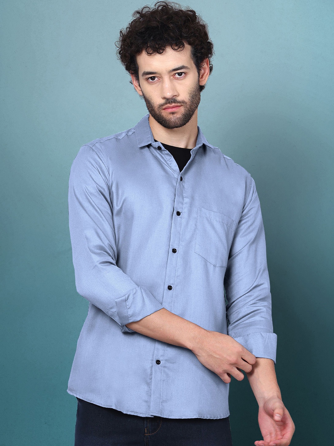 

WOXEN Men Original Fit Spread Collar Solid Cotton Casual Shirt, Blue
