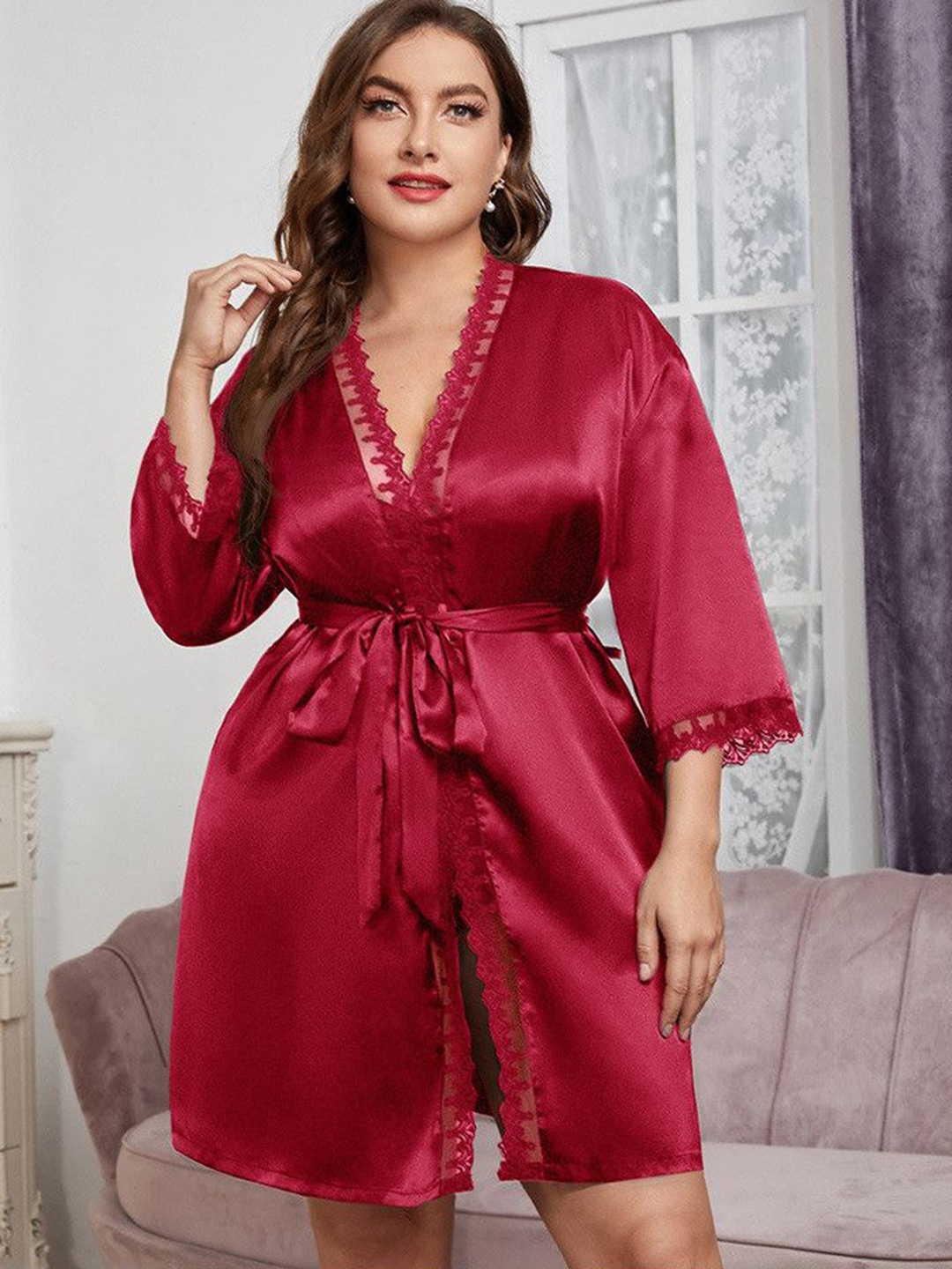 

ETC Lace Detail Robe Comes With Belt, Burgundy