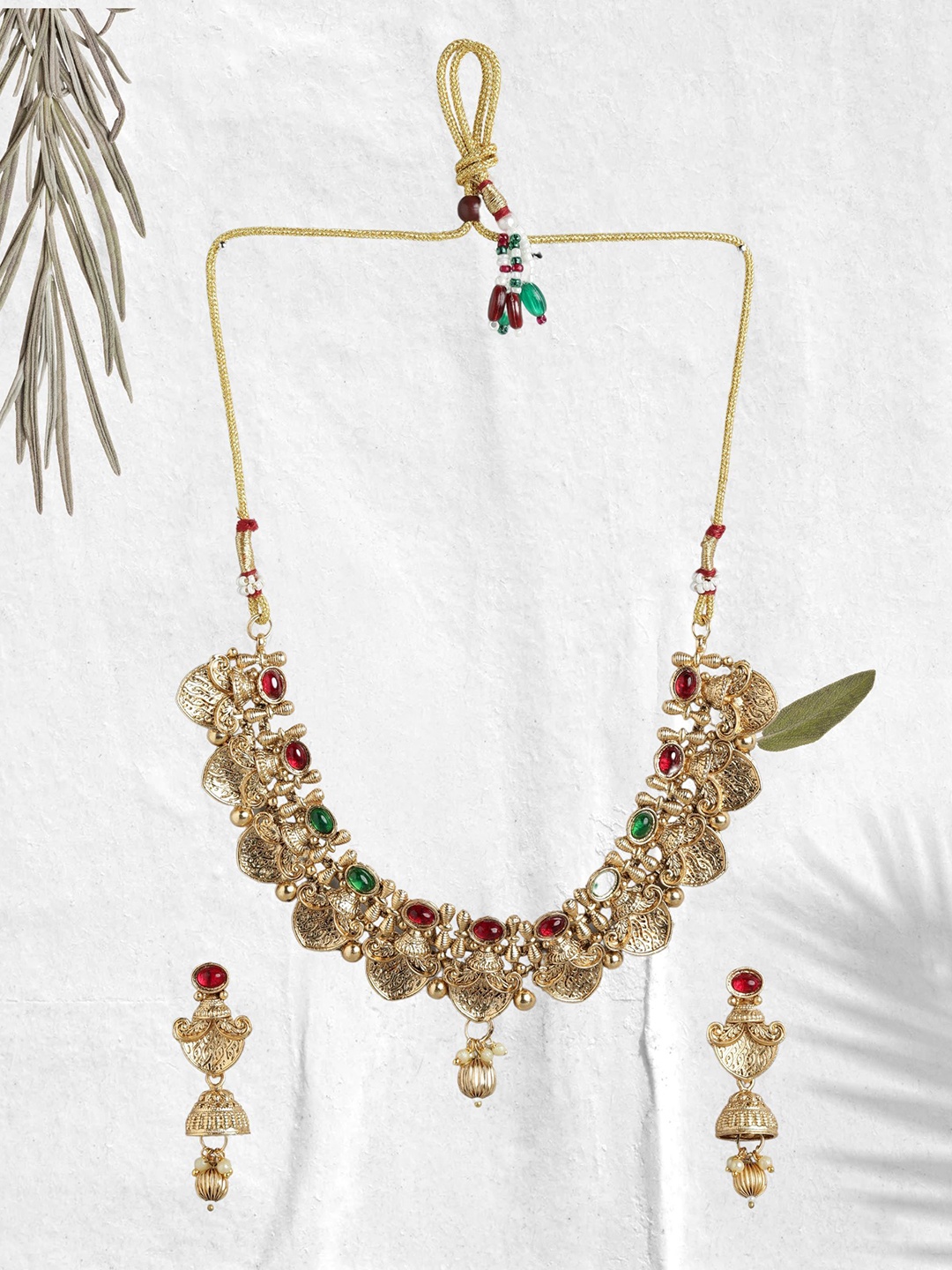 

ORANGENYSHA Gold-Plated Kundan-Studded & Beaded Necklace and Earrings
