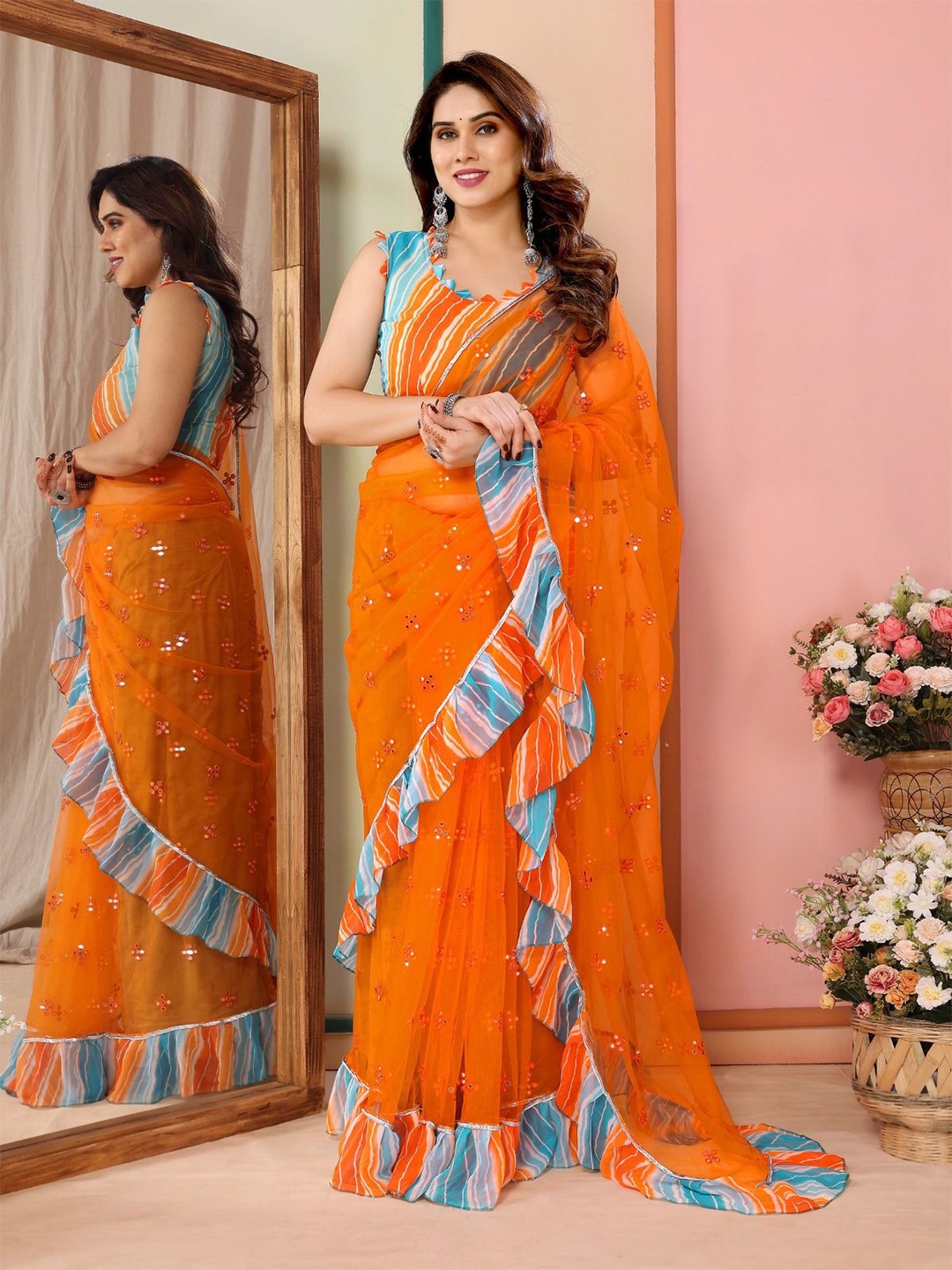 

BLEESBURY Embellished Mirror Work Ruffles Net Saree, Orange