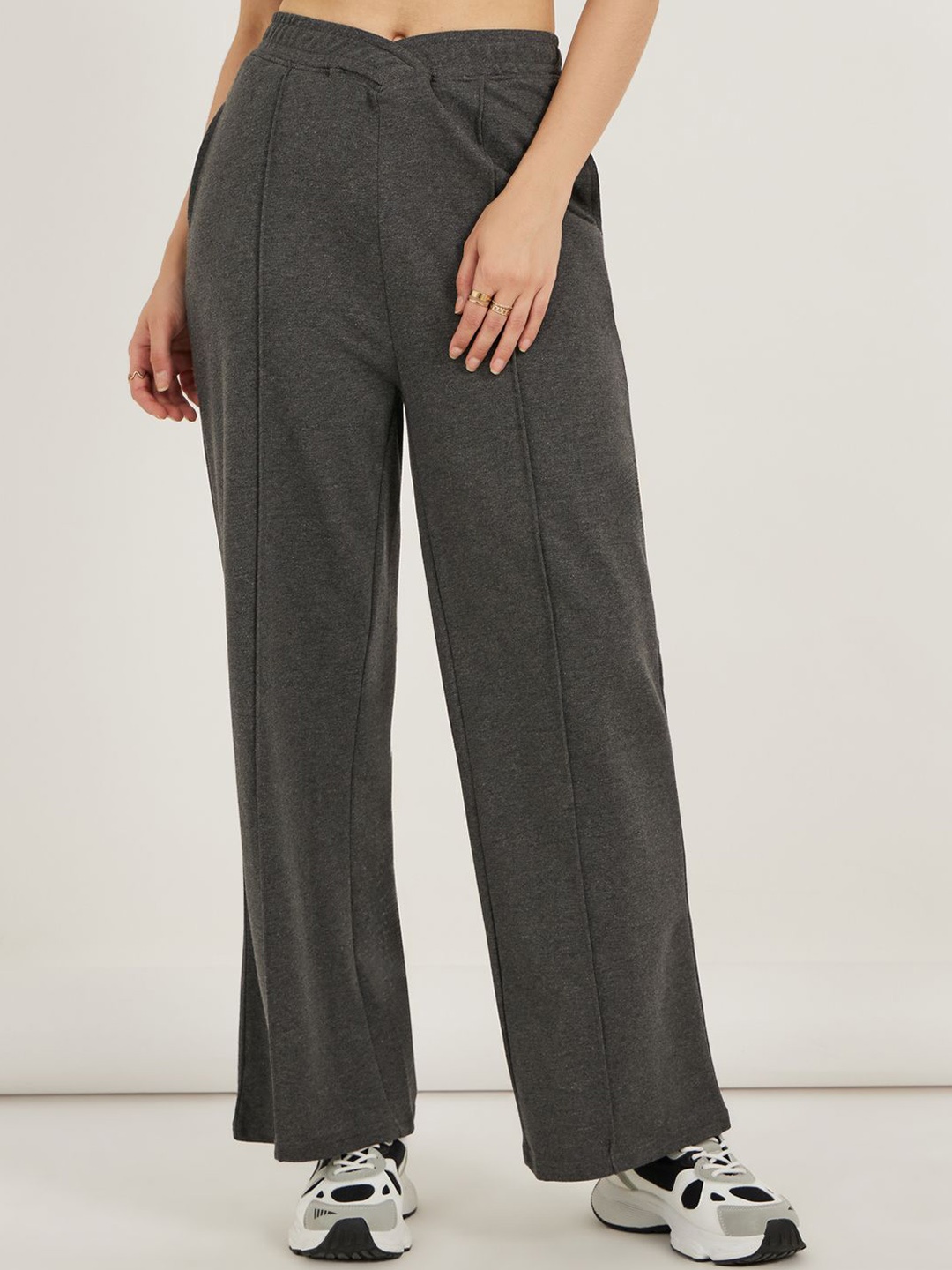 

Styli Women High Waist Wide Leg Track Pants With Cross Waist Band Detailed & CF Pin Tuck, Charcoal