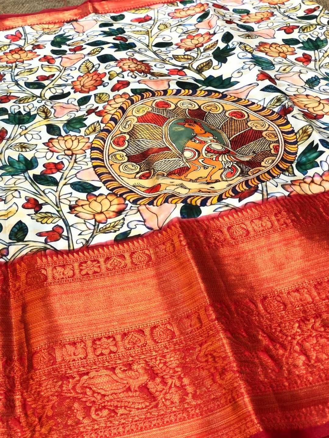 

ZIBLON Kalamkari Printed Zari Kanjeevaram Saree, White