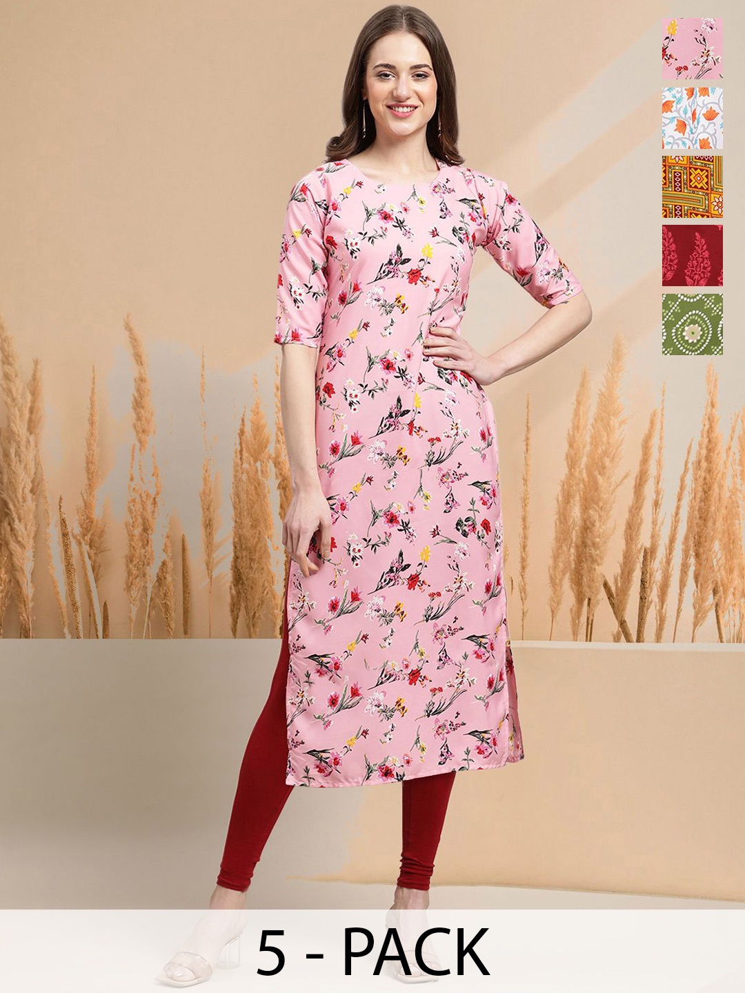 

7Threads Selection of 5 Floral Printed Round Neck Straight Kurtas, Pink