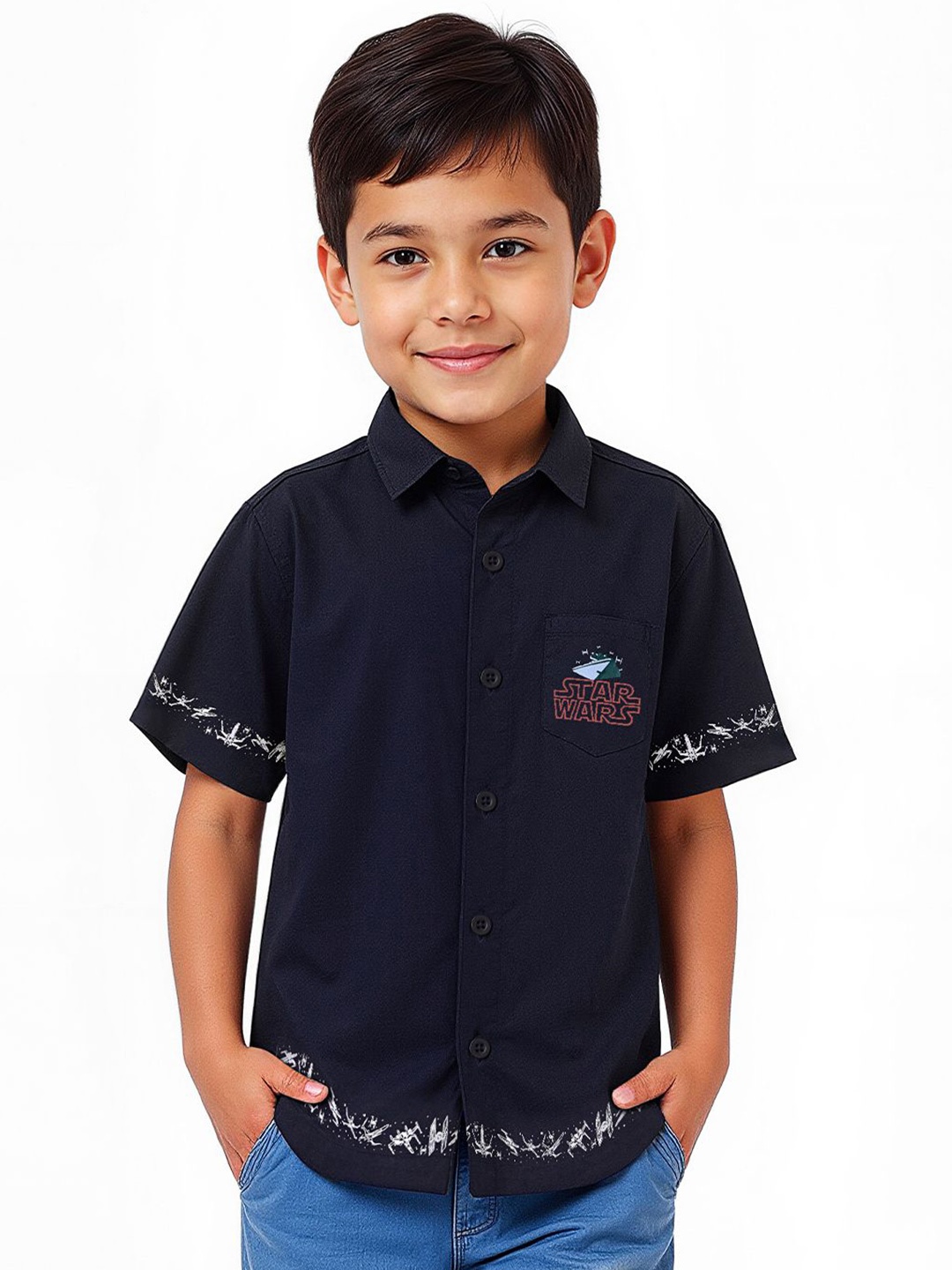 

The Souled Store Boys Spread Collar Graphic Printed Cotton Casual Shirt, Navy blue