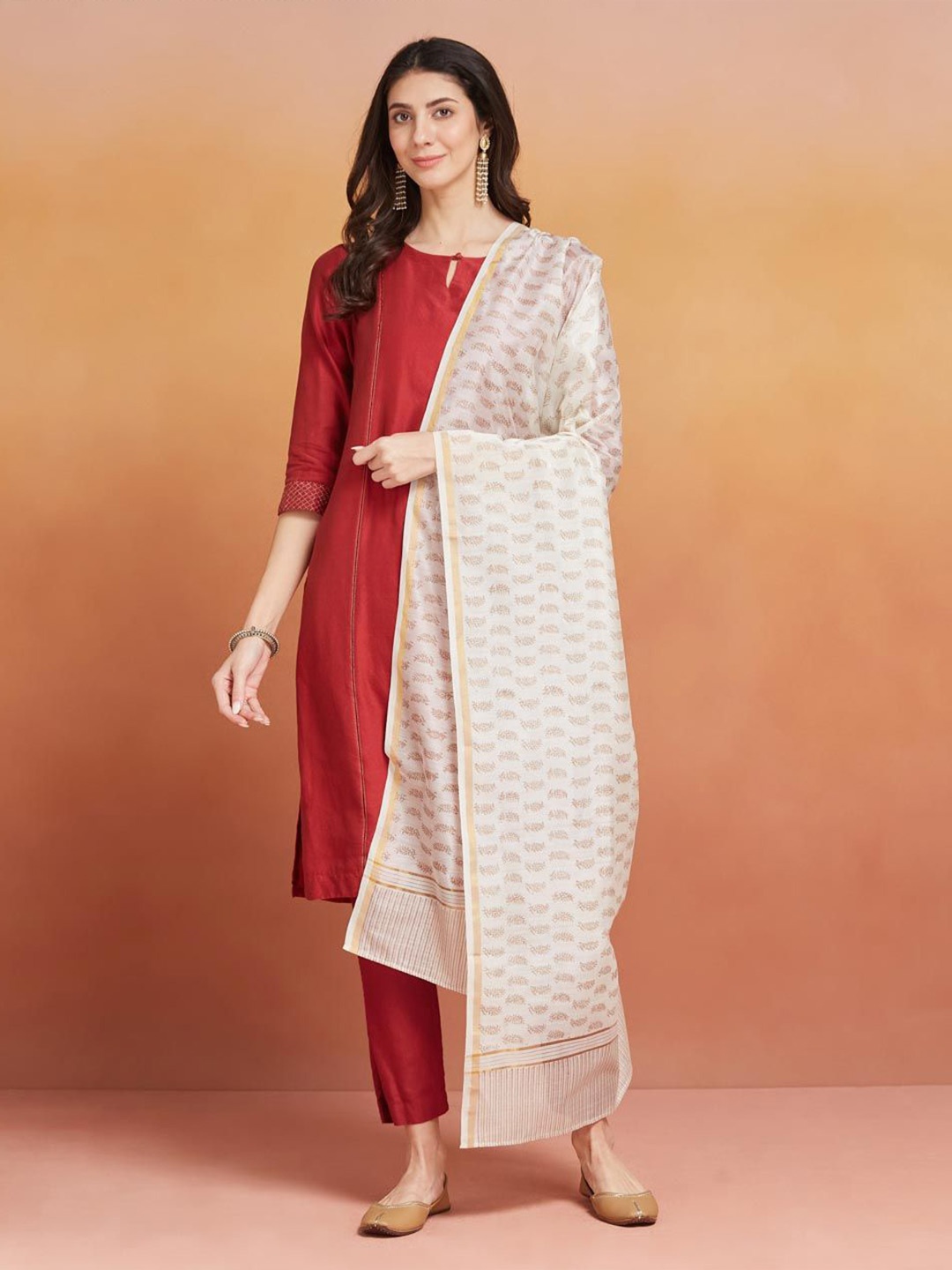 

Fabindia Ethnic Motifs Printed Zari Work Cotton Silk Block Print Dupatta, Off white
