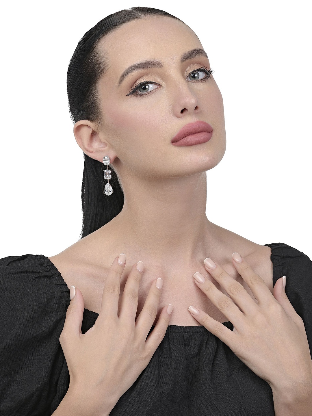 

FIAN 925 Sterling Silver Rhodium-Plated Cubic Zirconia Studded Contemporary Drop Earrings