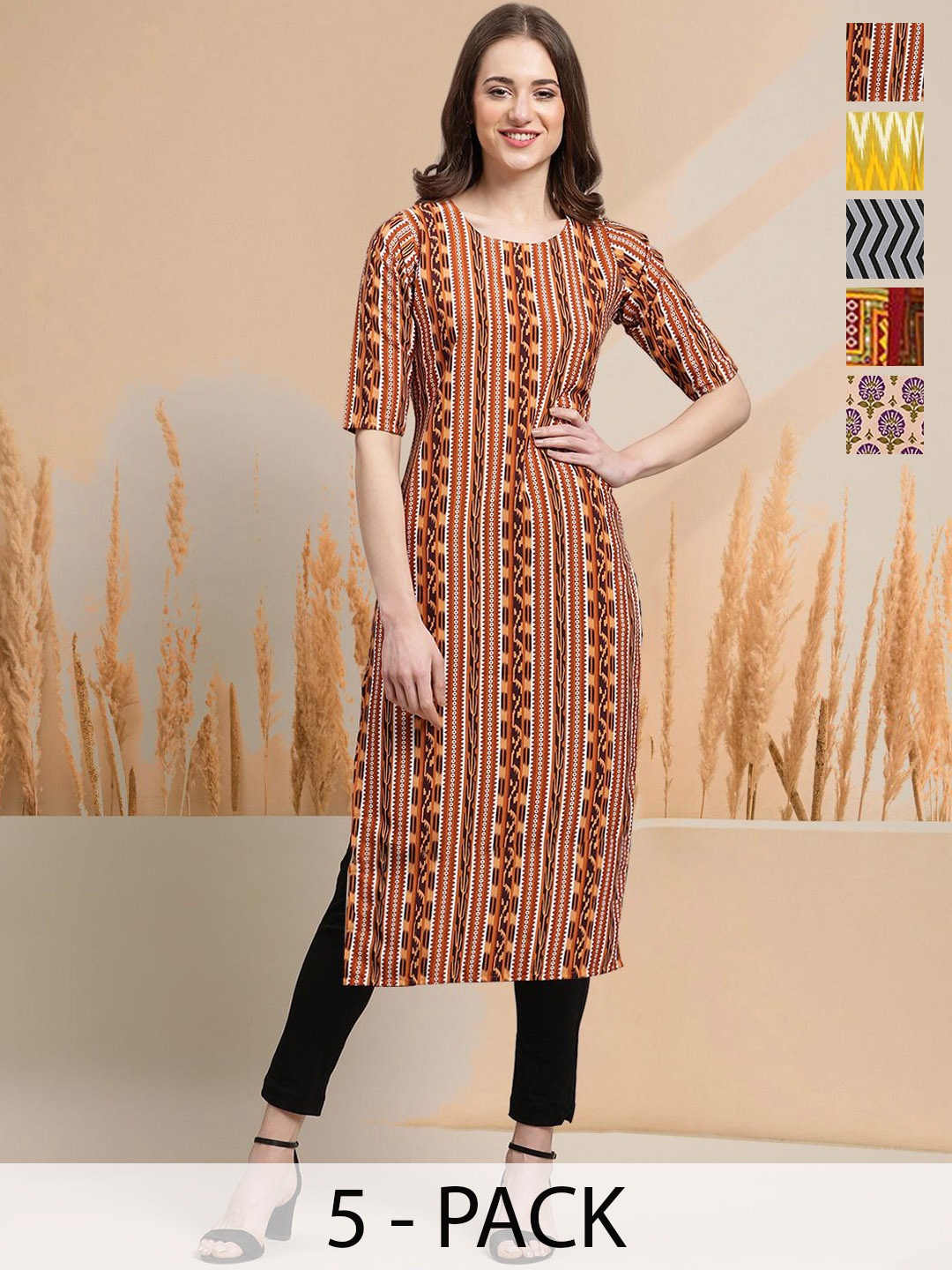 

7Threads Selection Of 5 Floral Printed Round Neck Straight Kurtas, Brown