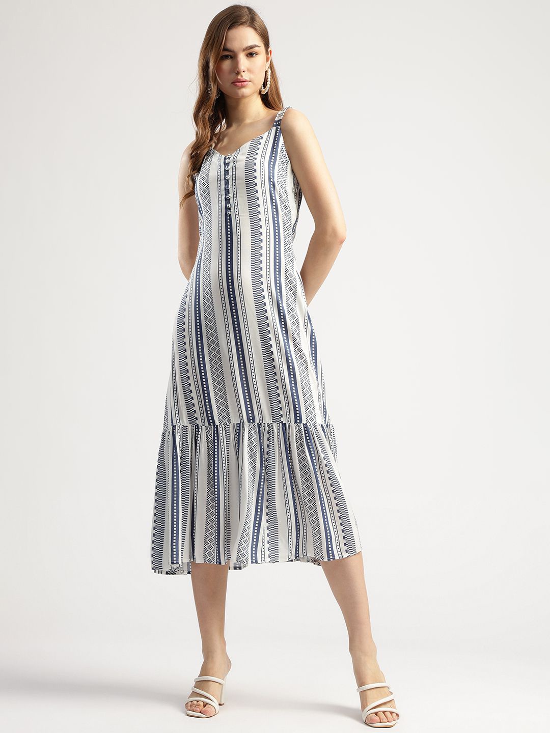 

T TRYON ULTIMATE Women Printed Pure Cotton A-Line Midi Dress, White