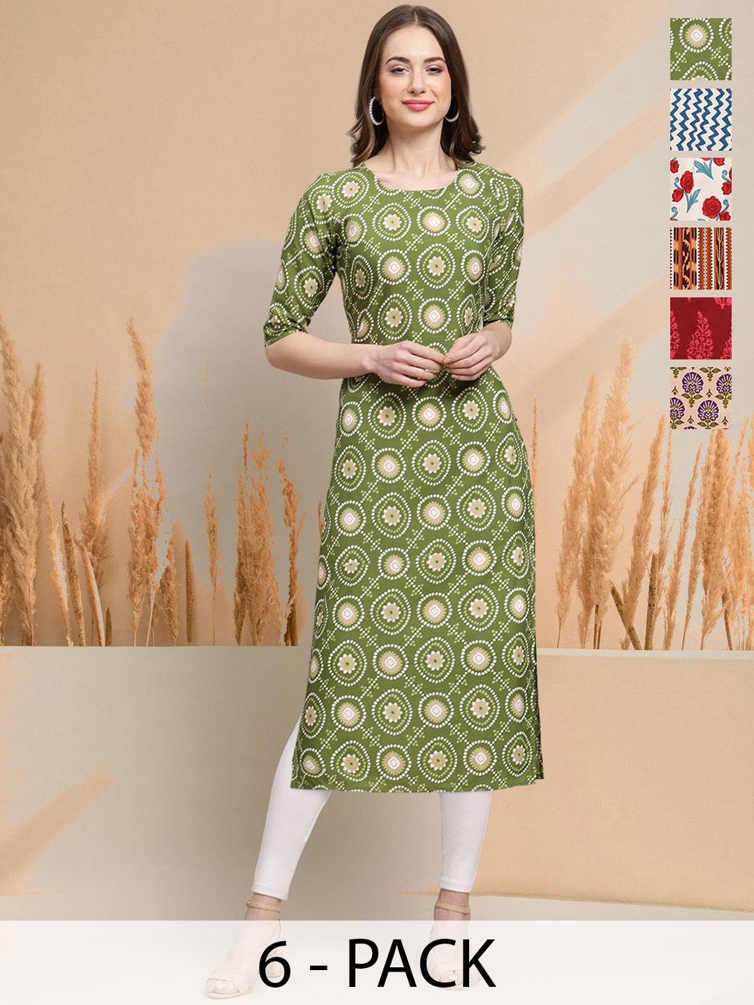 

7Threads Selection Of 6 Ethnic Motifs Printed Round Neck Straight Kurtas, Green