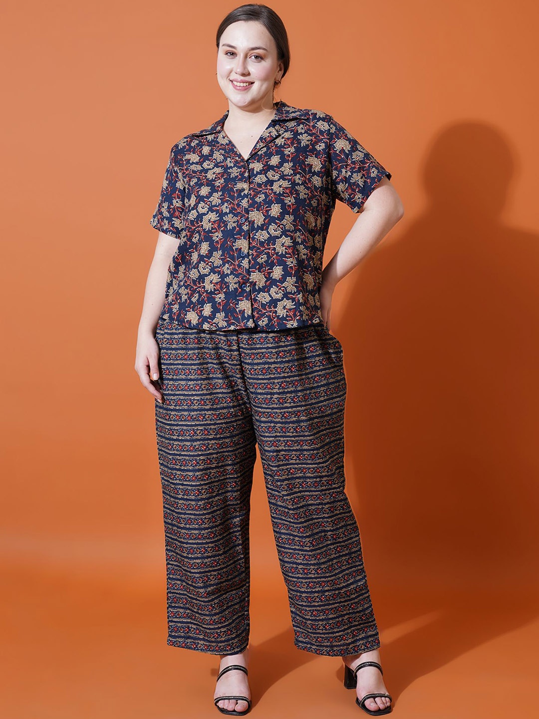 

U&F Beyond Women Printed Shirt With Trousers Pure Cotton Co-Ords, Navy blue