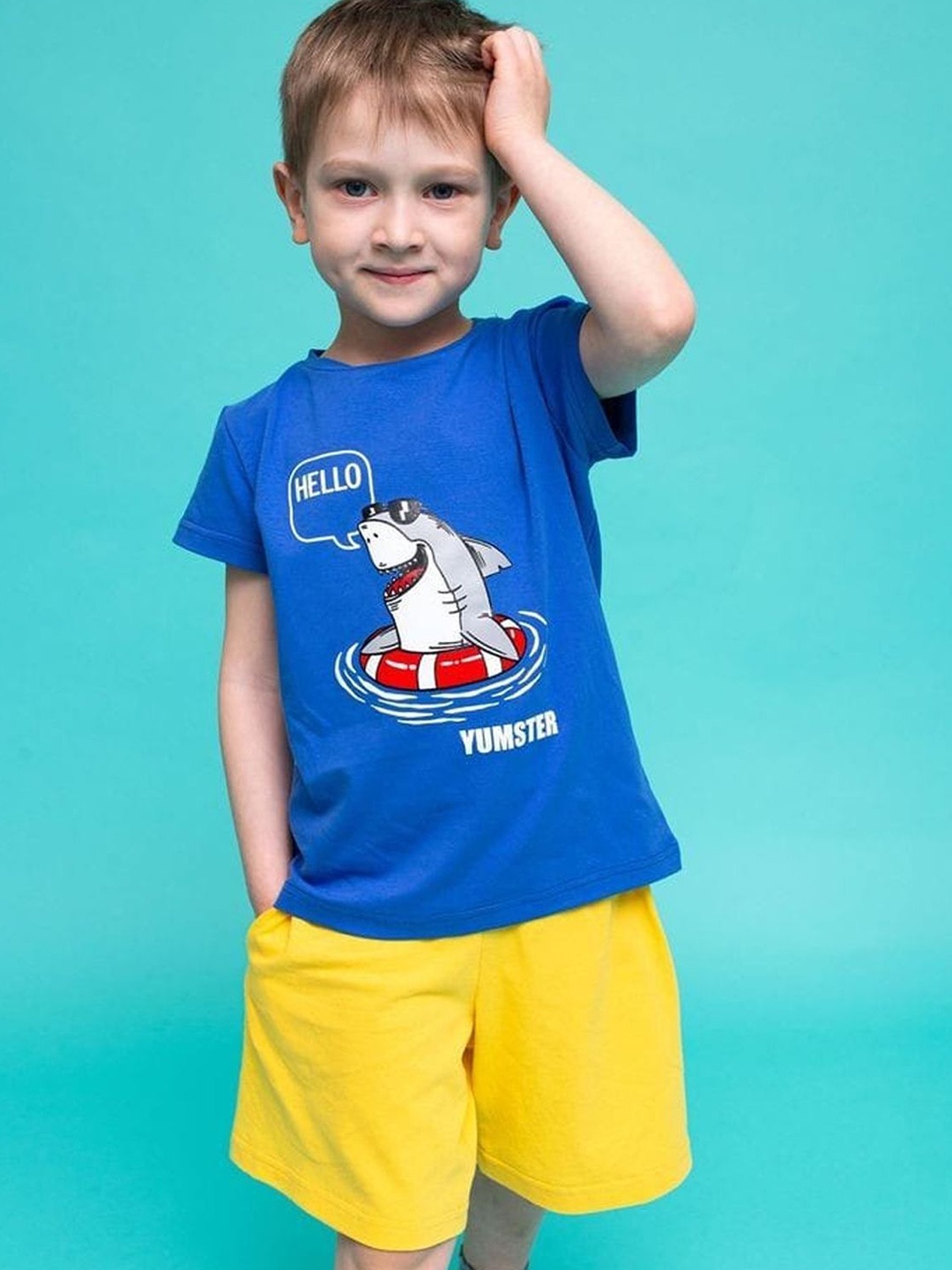 

BILLYBALL Kids Printed Round Neck Pure Cotton T-Shirt With Shorts, Blue