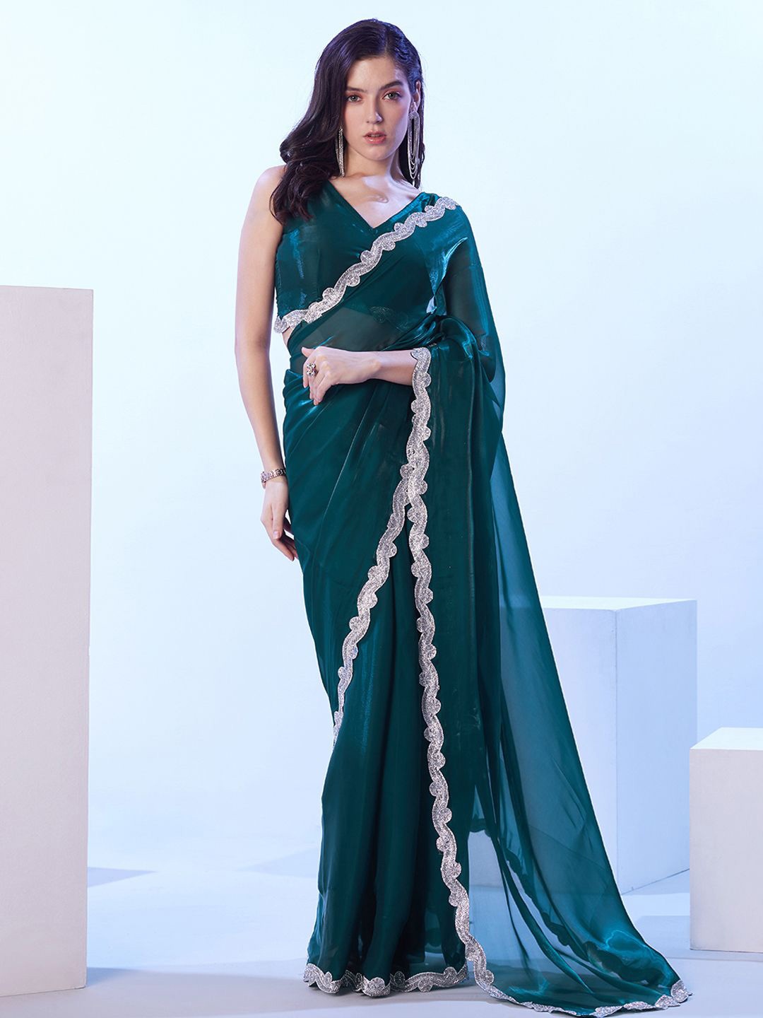 

Mitera Embellished Beads and Stones Organza Saree, Teal