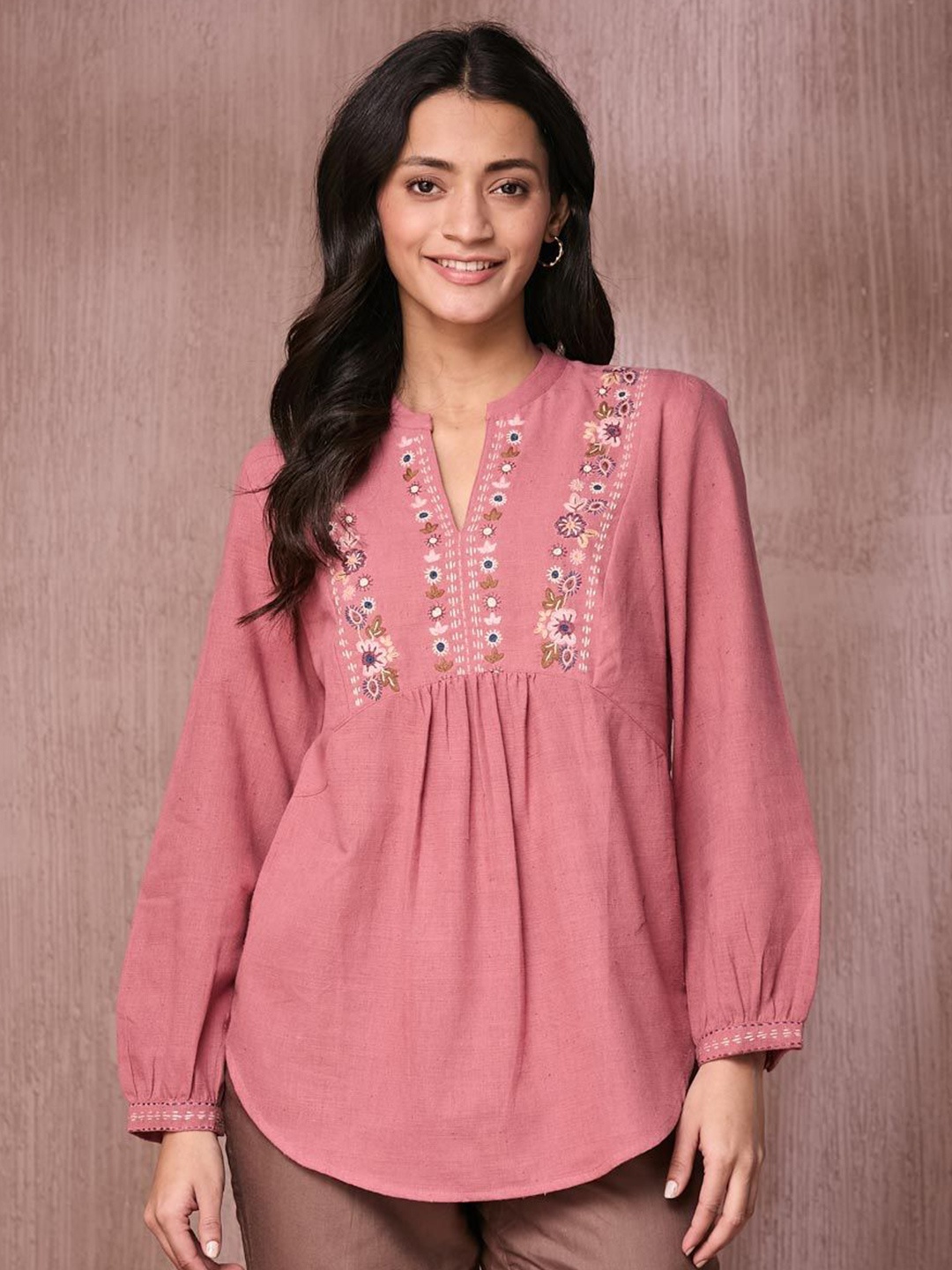 

Fabindia Women Embroidered Mandarin Collar Cotton A-Line Top, Pink