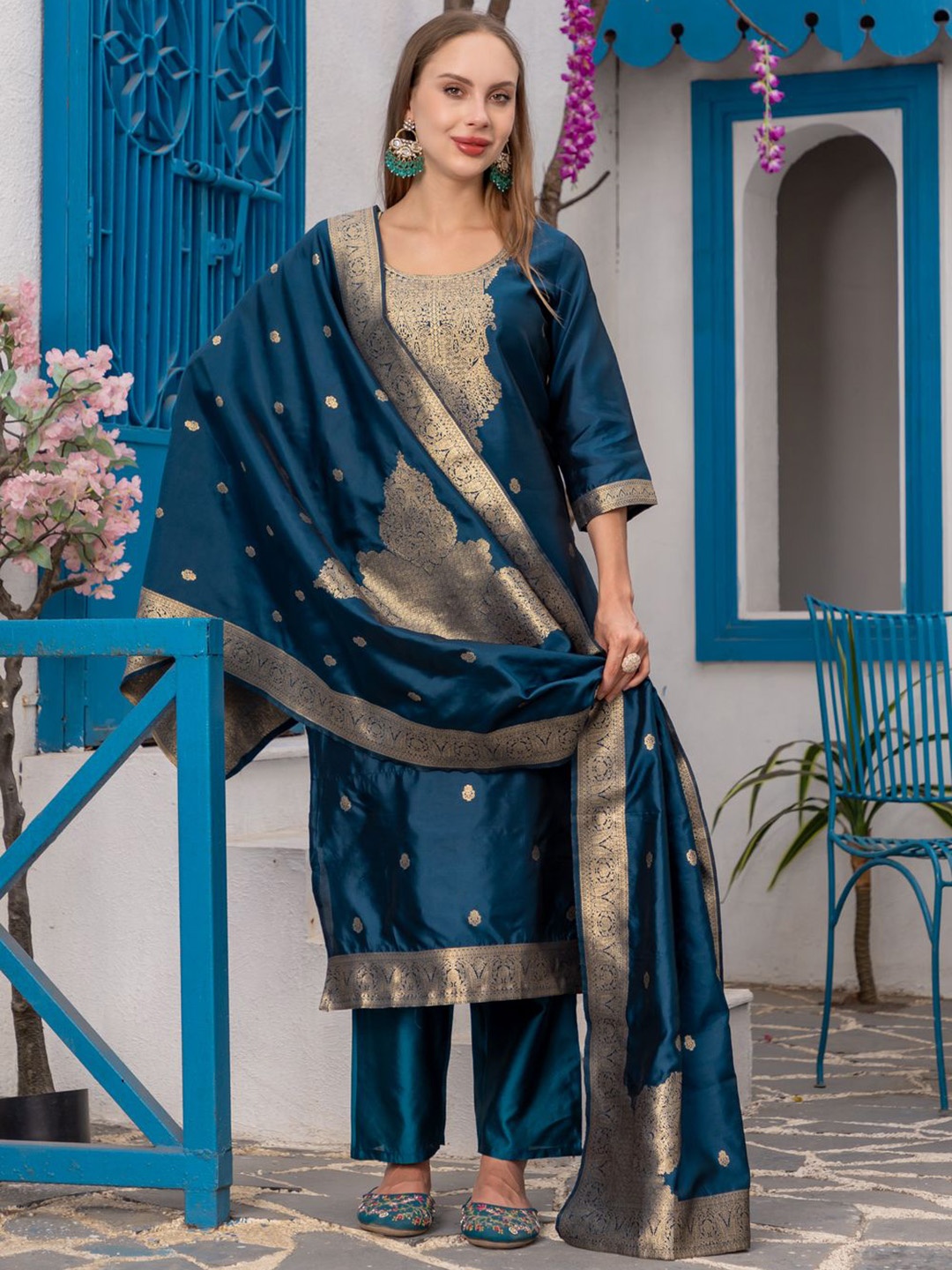 

zinzraa Ethnic Motifs Printed Silk Blend Straight Kurta With Trousers And Dupatta, Teal
