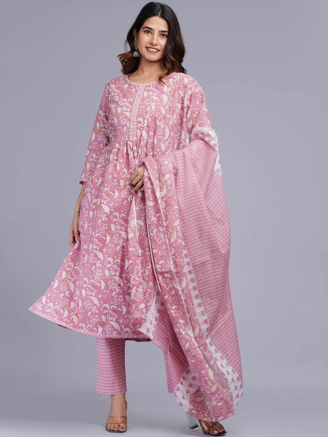 

Mishree Collection Floral Printed Pure Cotton Pleated A-Line Kurta With Trousers & Dupatta, Pink