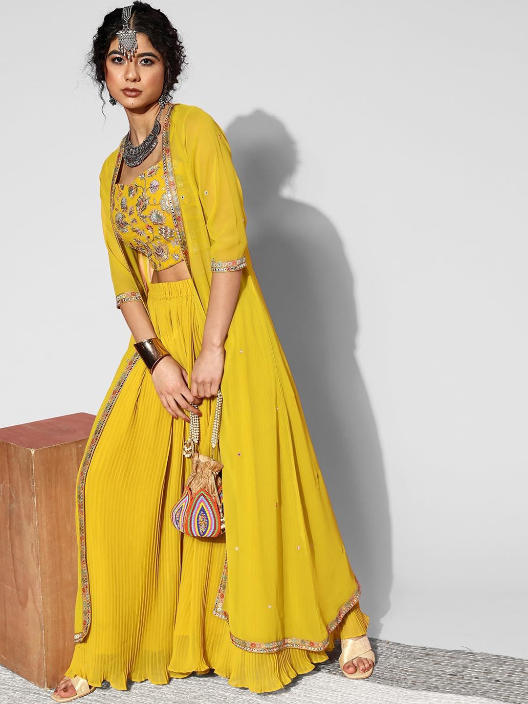 

choiceit Embellished Shoulder Straps Crop Top With Skirt & Shrug, Yellow