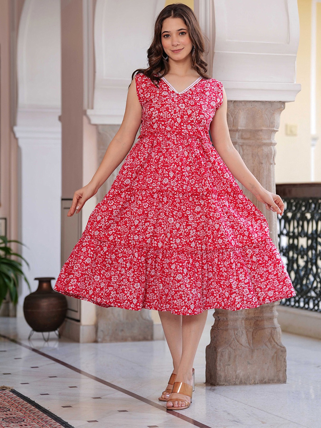 

MF ERA Cotton Floral Printed A-Line Ethnic Dresses, Red