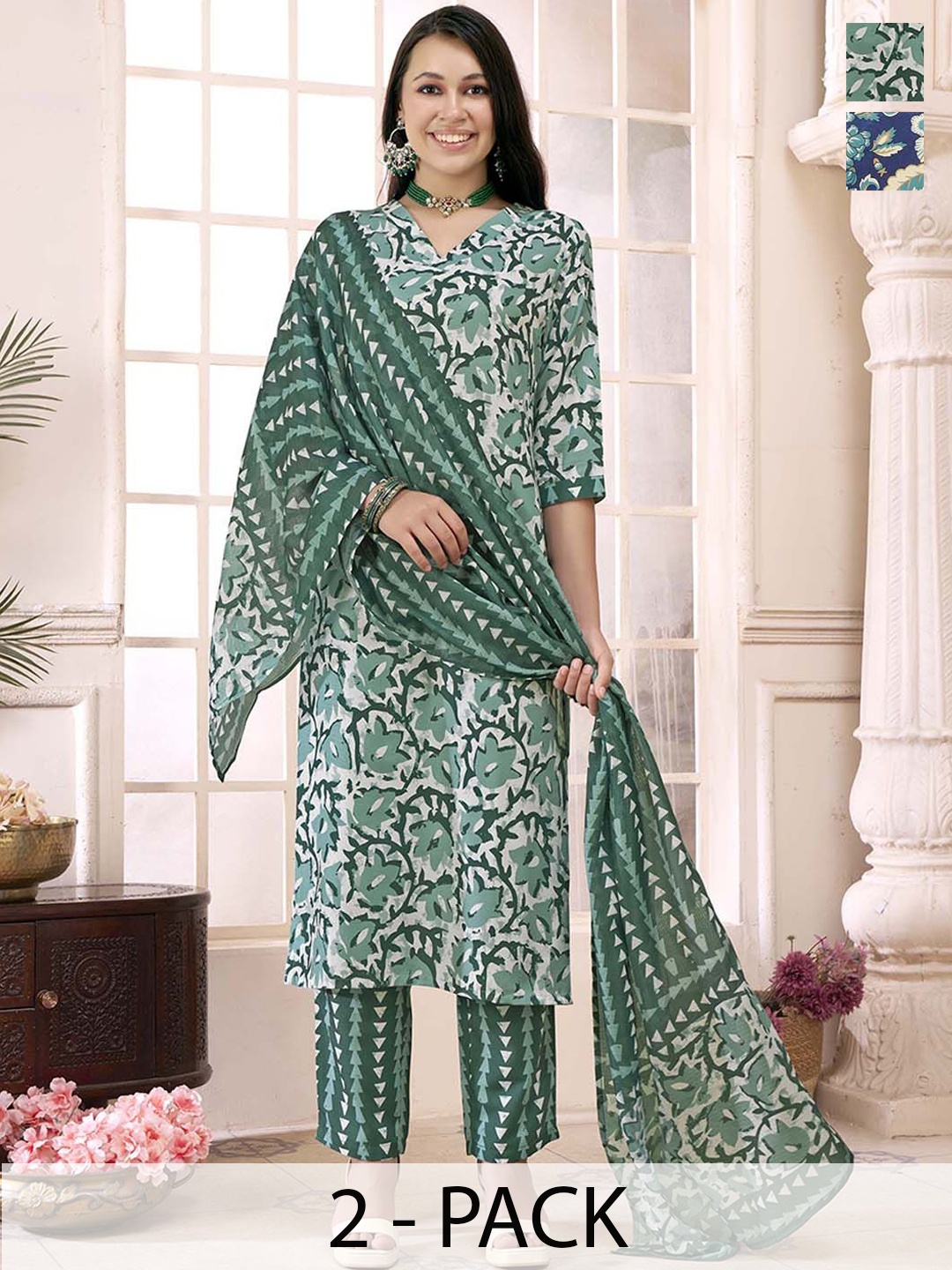 

Anouk Rustic Selection of 2 Floral Printed V-Neck Straight Kurta With Trousers And Dupatta, Green