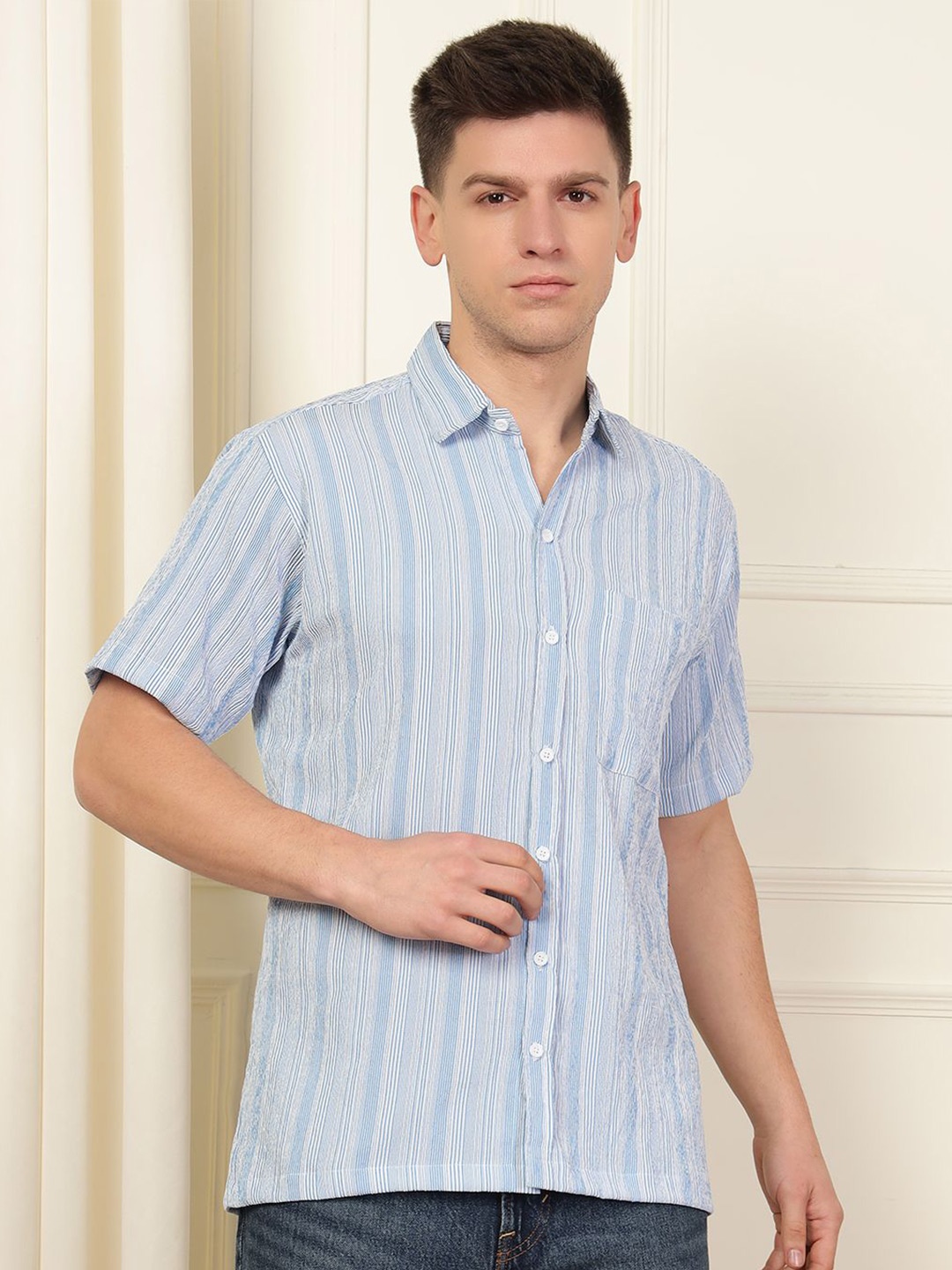 

WOXEN Men Original Spread Collar Vertical Striped Casual Shirt, Blue