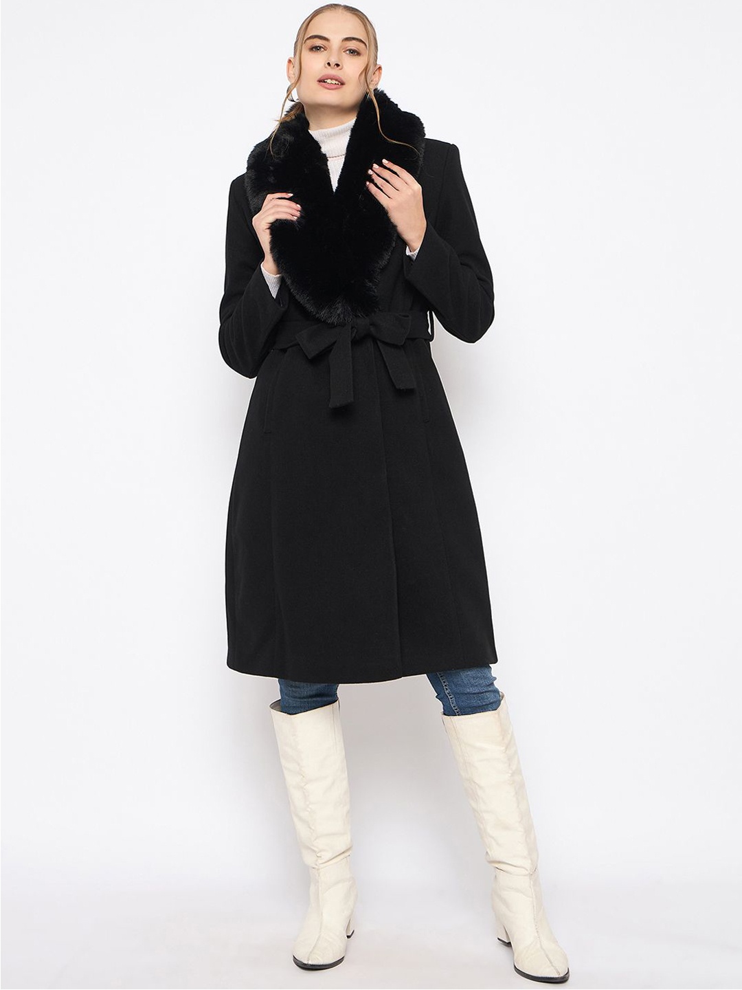 

Madame Women Long Sleeves Tie Up Overcoat, Black