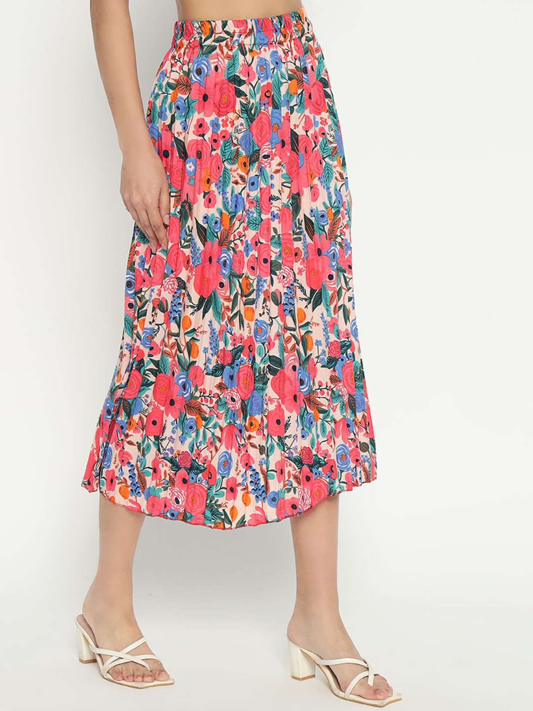 

Raiyani Enterprise Women Floral Printed Pleated Midi A-Line Skirt, Coral