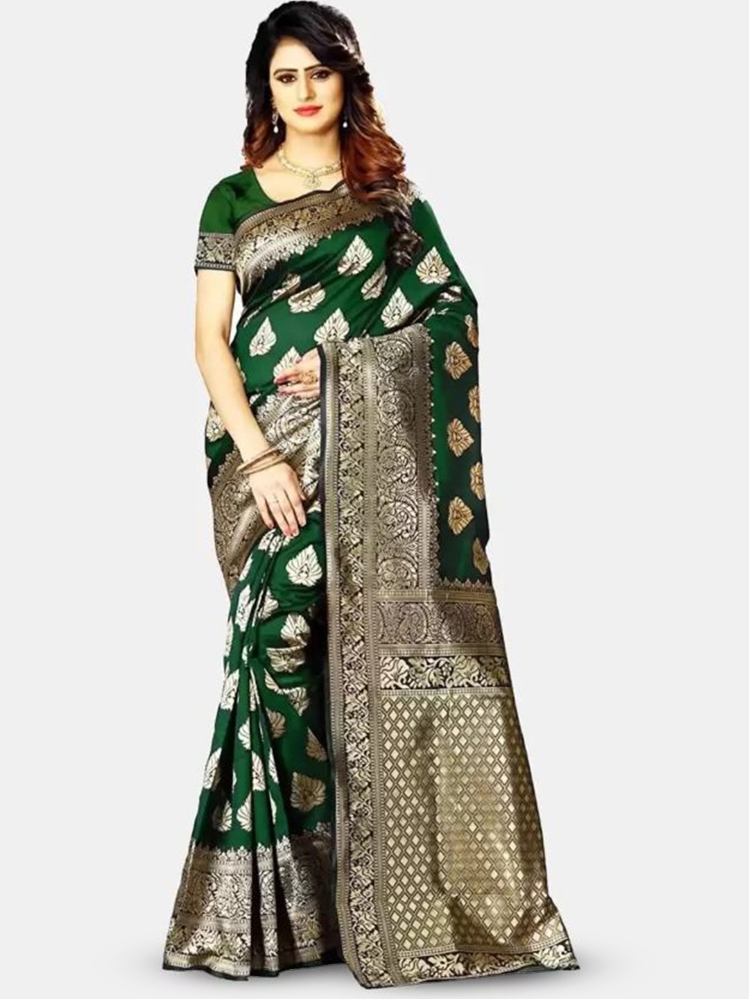 

Florence Woven Design Zari Pure Silk Kanjeevaram Saree, Green