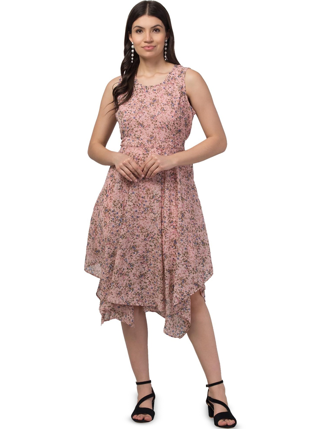 

My Swag Floral Print Georgette Fit & Flare Dress, Pink