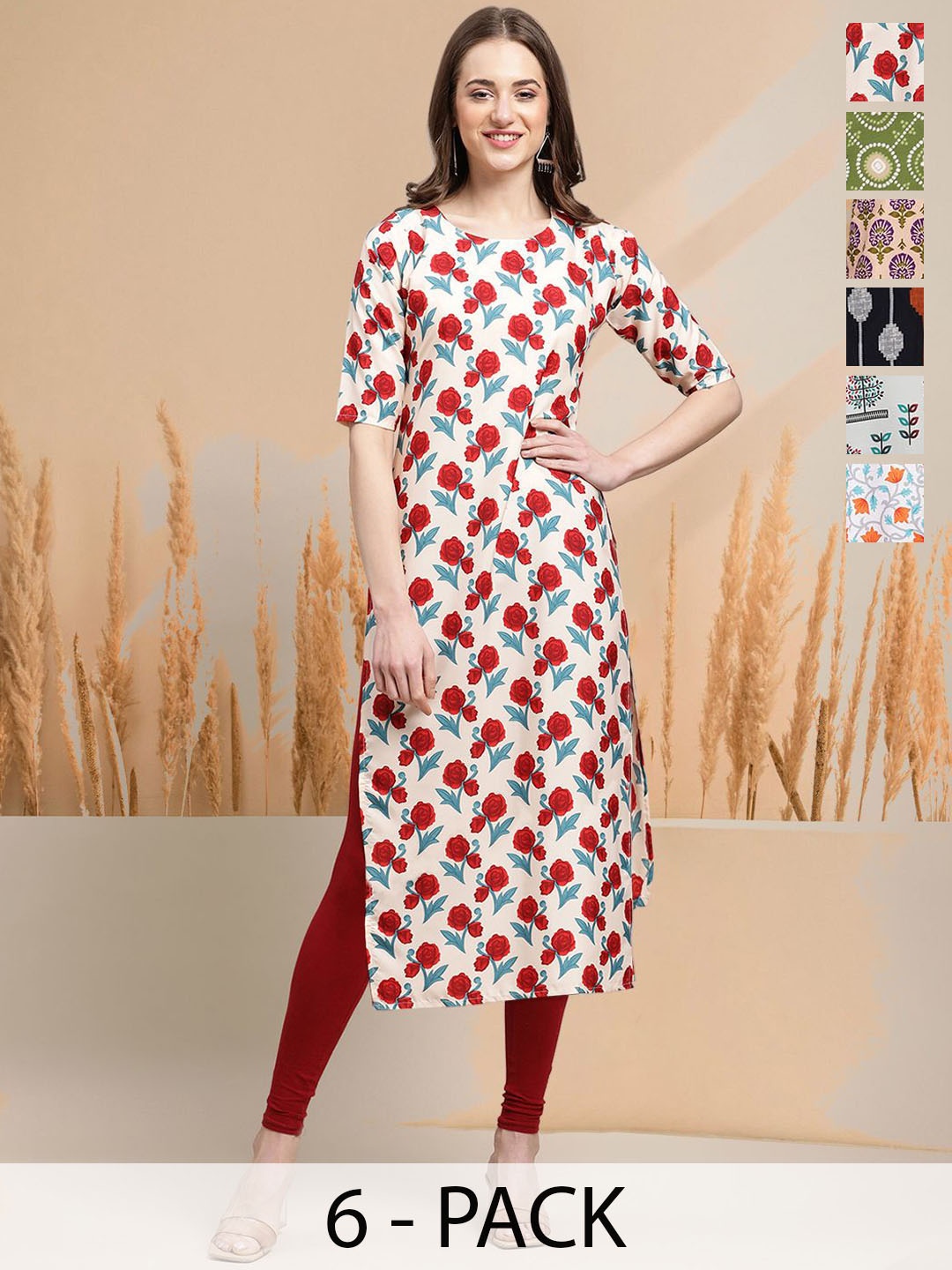 

7Threads Selection Of 6 Floral Printed Round Neck Straight Kurtas, Cream