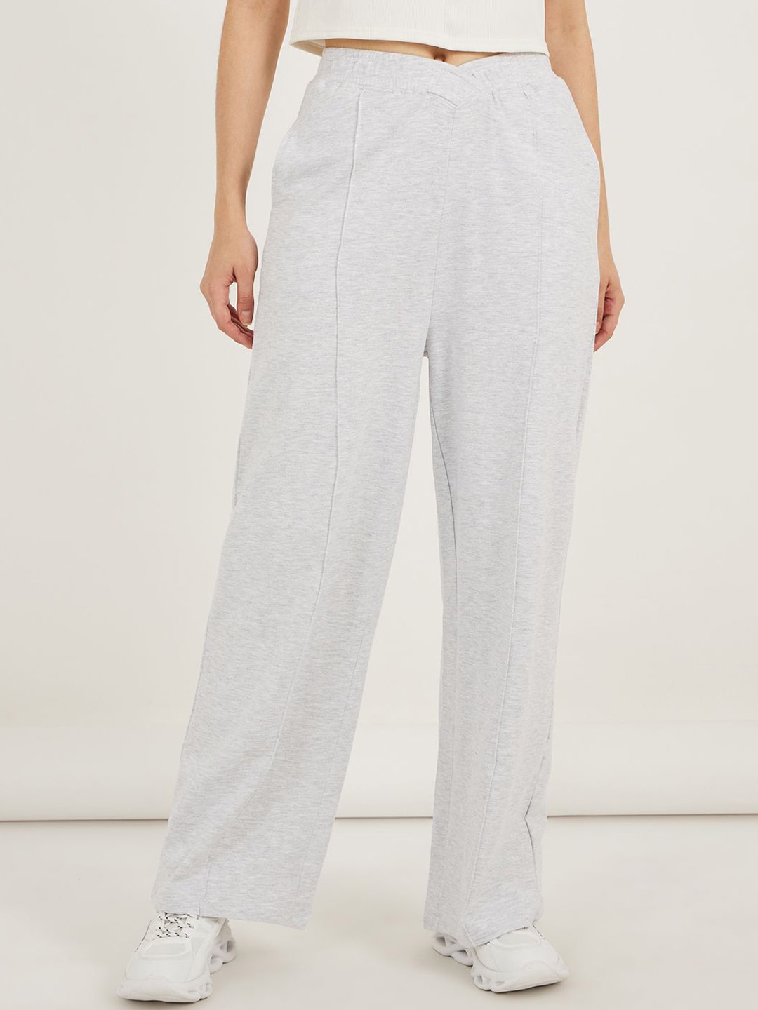 

Styli Women Solid High Waist Cross Waist Band Detailed & CF Pin Tuck Wide Leg Track Pants, Grey
